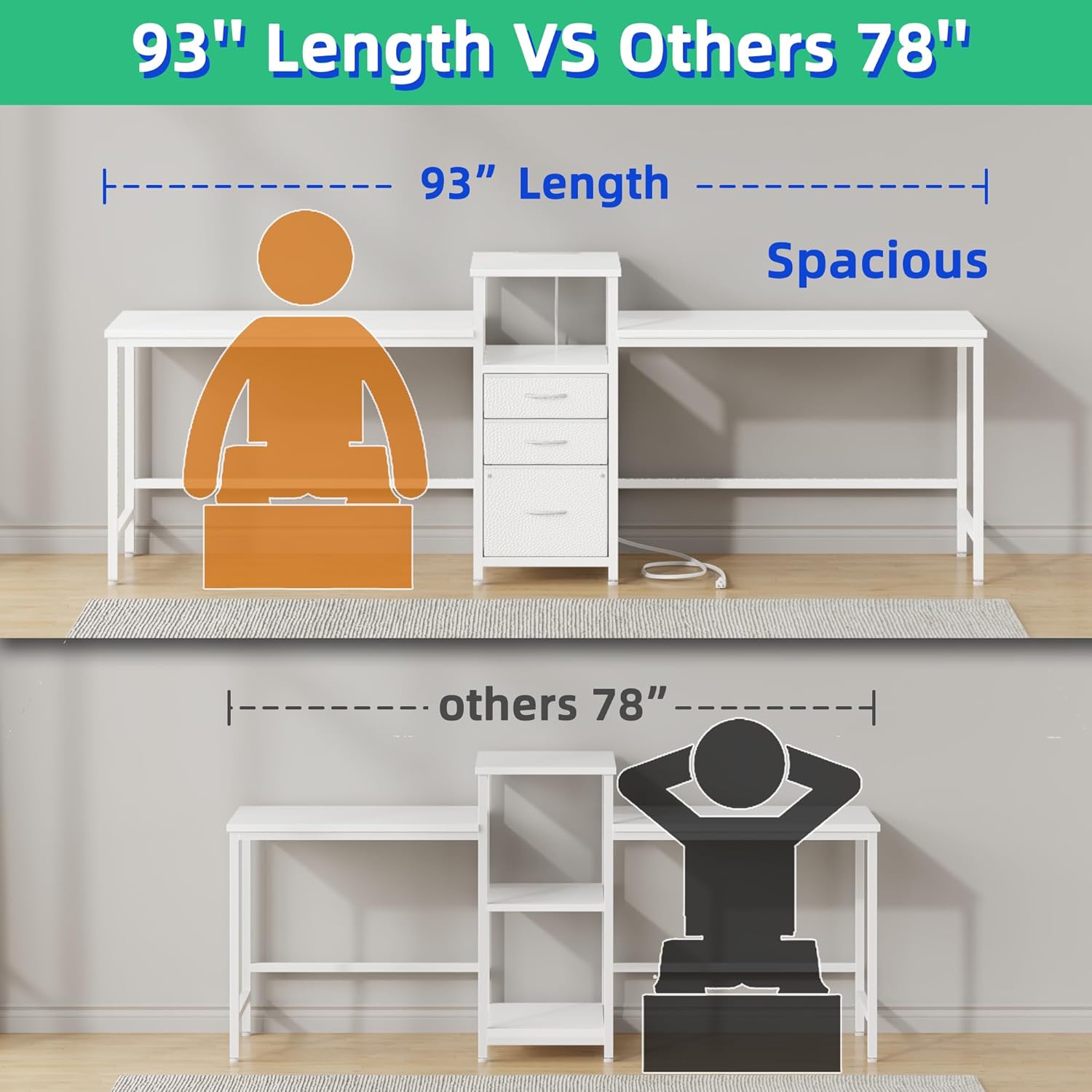 Alternative view of GYIIYUO 93'' Two Person Desk with Charging Station, Long Desk with 3 Drawers and Printer Shelf, Double Computer Desk, 2 Person Writing Study Table Workstation for Home Office, White