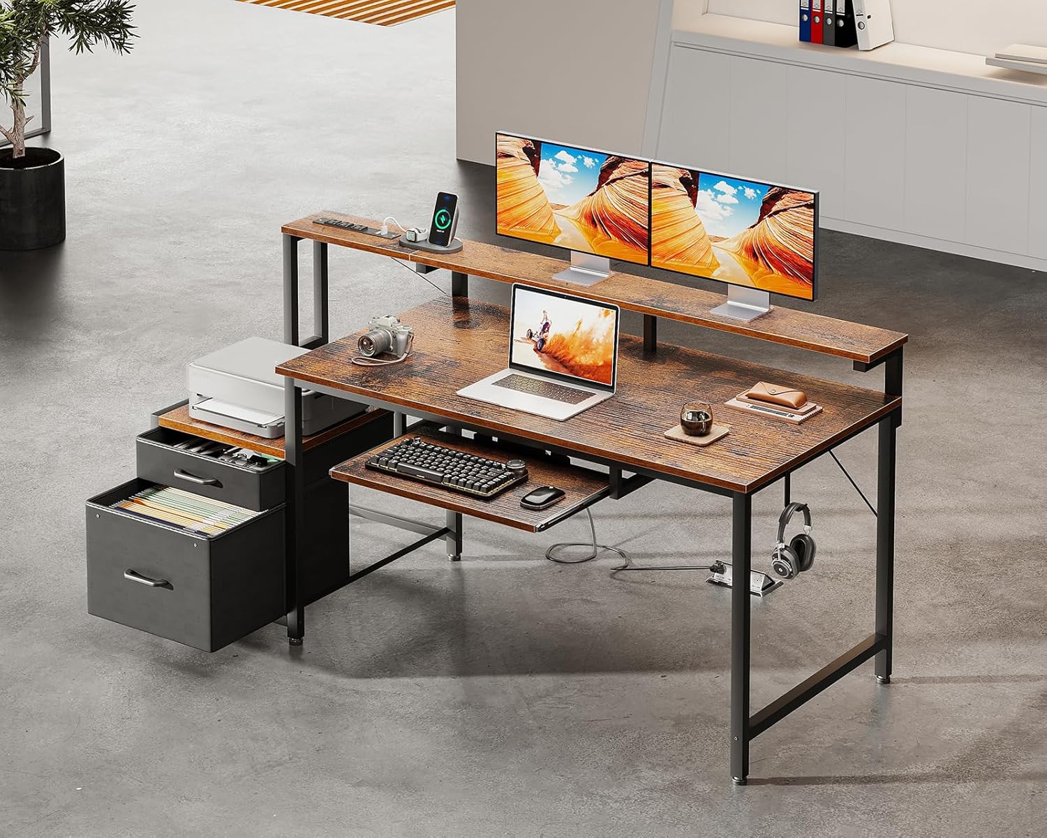 AODK Computer Desk with Drawers, 55" Office Desk with Keyboard Tray and Power Outlet, Reversible Study Work Desk with Printer Space and File Drawers Cabinet for Home Office, Vintage