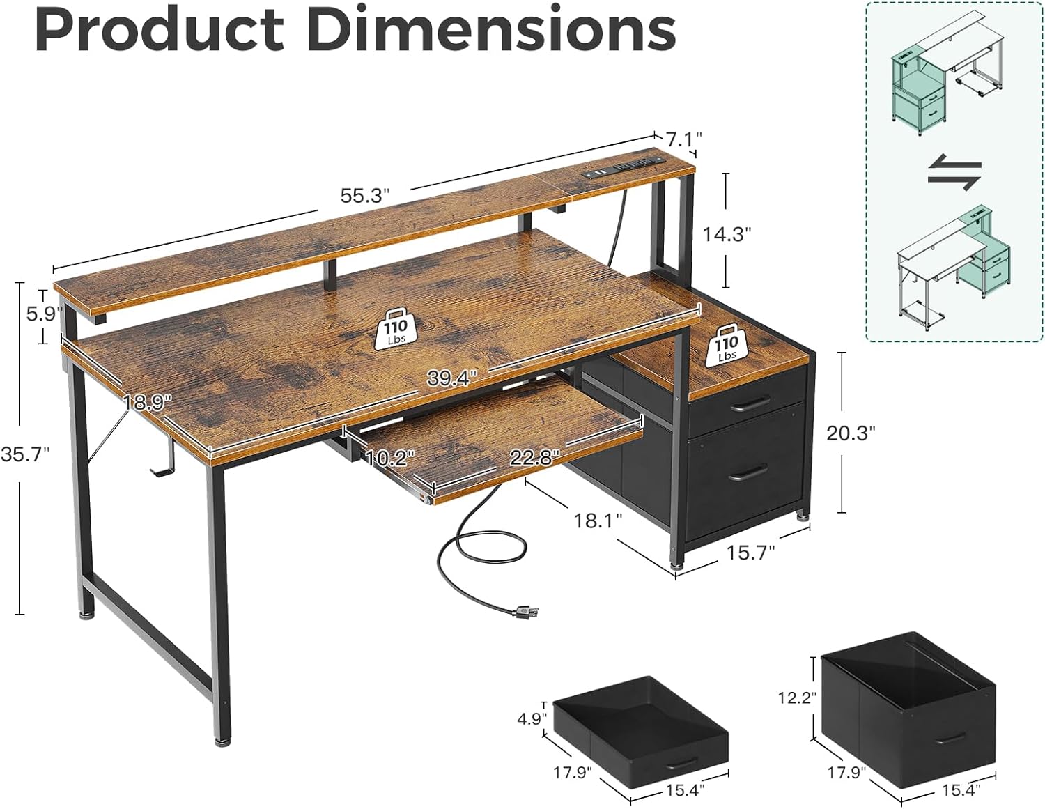 Alternative view of AODK Computer Desk with Drawers, 55" Office Desk with Keyboard Tray and Power Outlet, Reversible Study Work Desk with Printer Space and File Drawers Cabinet for Home Office, Vintage