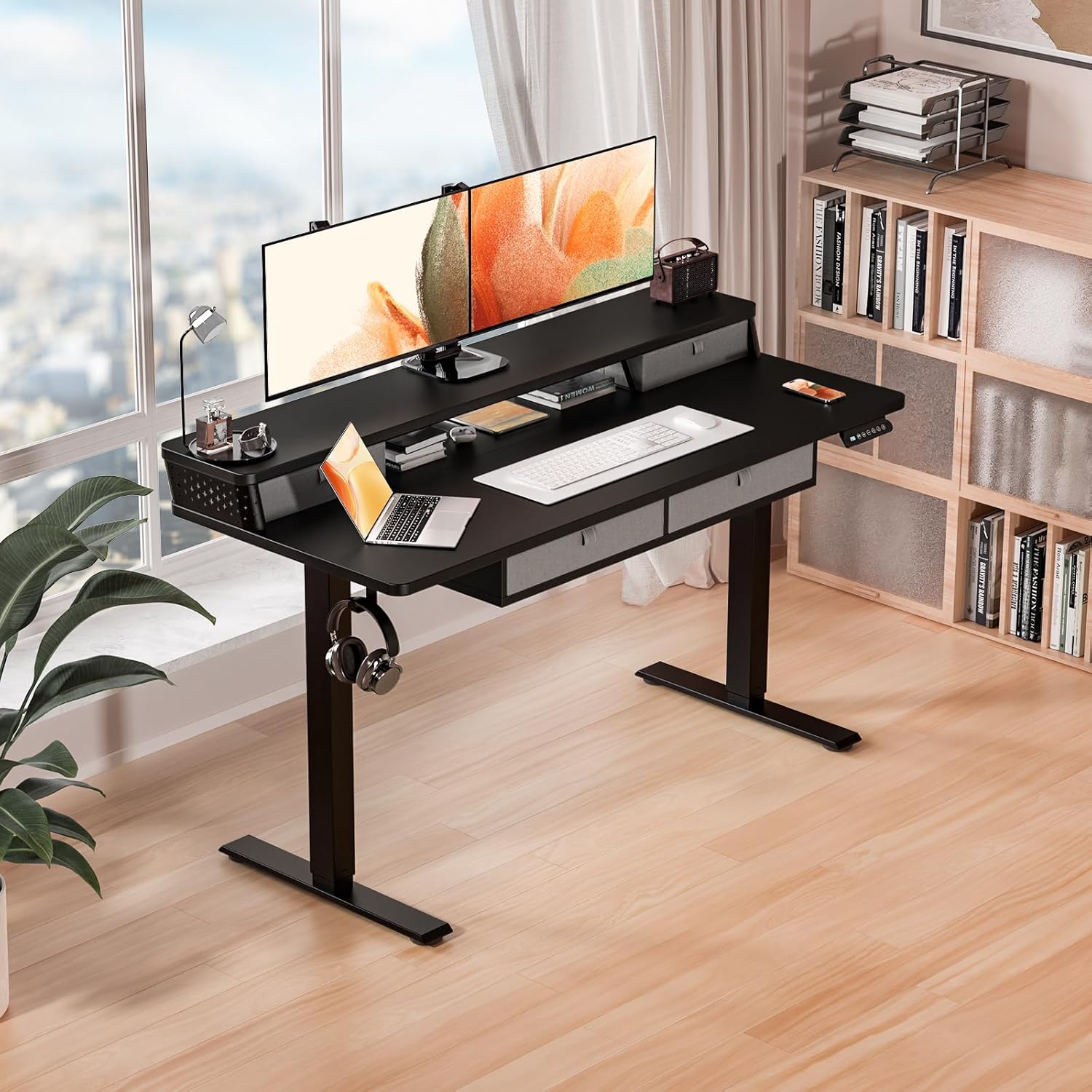 Kingant 48 x 24 Inch Electric Standing Desk with 4 Drawers, Height Adjustable Sit to Stand Computer Desk with Storage Shelf and C-Clamp Mount Compatibility for Home Office, Black