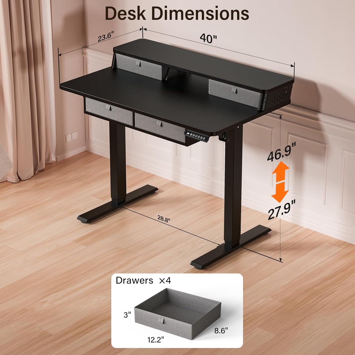 Alternative view of Kingant 48 x 24 Inch Electric Standing Desk with 4 Drawers, Height Adjustable Sit to Stand Computer Desk with Storage Shelf and C-Clamp Mount Compatibility for Home Office, Black