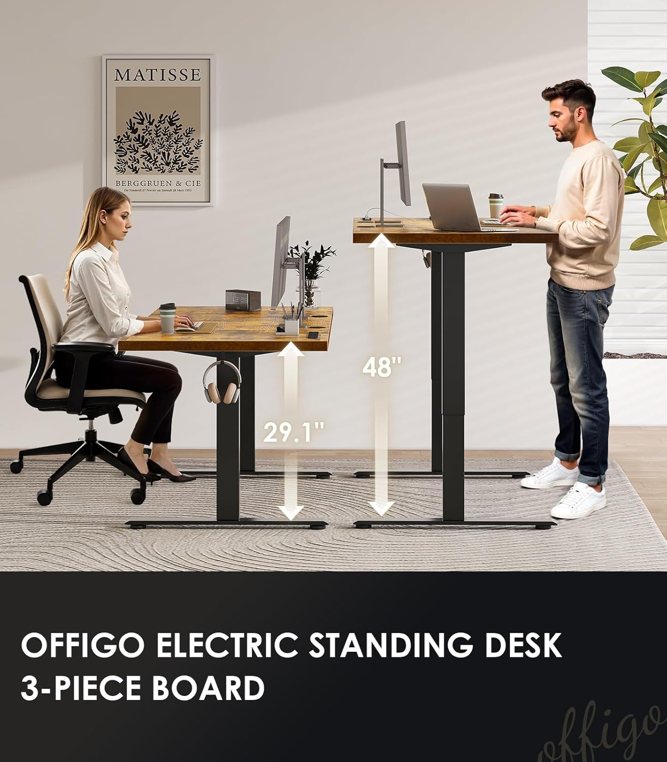 Alternative view of OffiGo 71 Inch Executive Electric Standing Desk, Height Adjustable Desk with Power Outlet & 1.38" Thick 3-Piece Desktop, Sit Stand Computer Desk for Home, Office, Conference Room, Rustic Brown