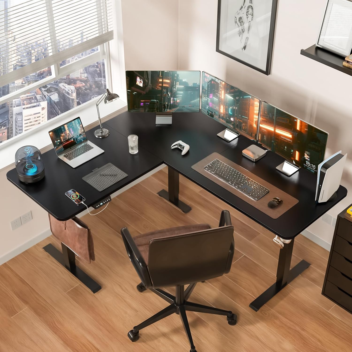 ExaDesk 63 x 55 inch L Shaped Standing Desk, Corner Computer Desk, Electric Adjustable Height Stand Up Table, L Sit Stand Desk for Home Office Gaming, Classic Black