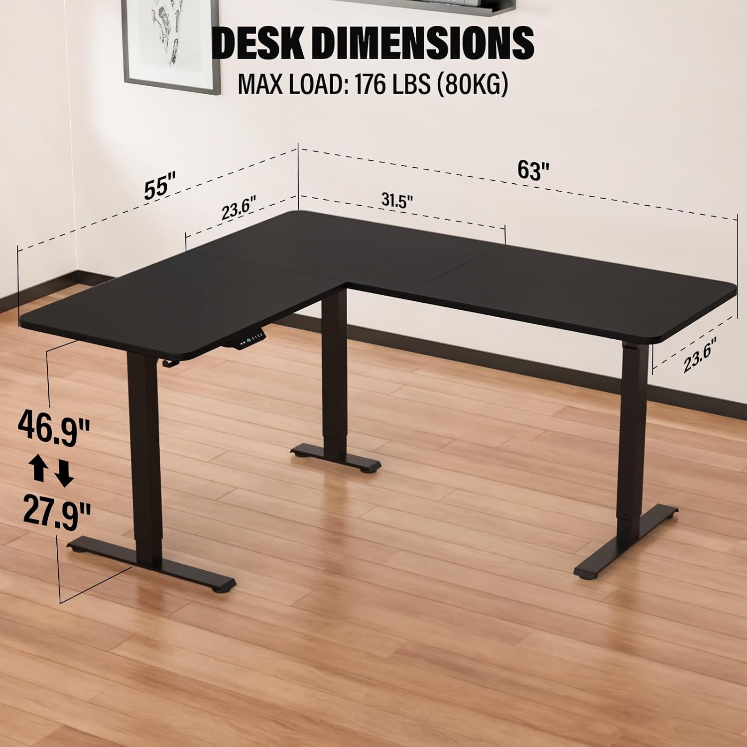 Alternative view of ExaDesk 63 x 55 inch L Shaped Standing Desk, Corner Computer Desk, Electric Adjustable Height Stand Up Table, L Sit Stand Desk for Home Office Gaming, Classic Black