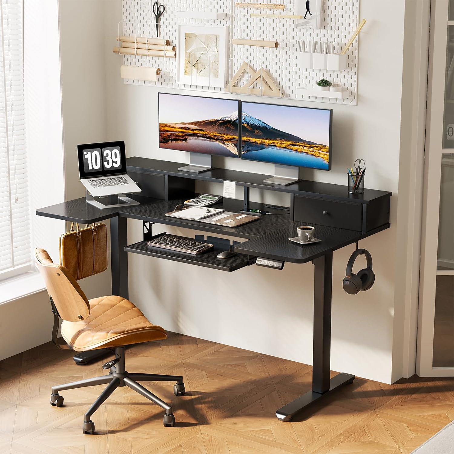 OffiGo U Shaped Electric Standing Desk with Drawers, 55 Inch Height Adjustable Desk with Keyboard Tray ＆ Ergonomic Monitor Stand, Sit Stand Table with Power Outlets for Home, Office, Black