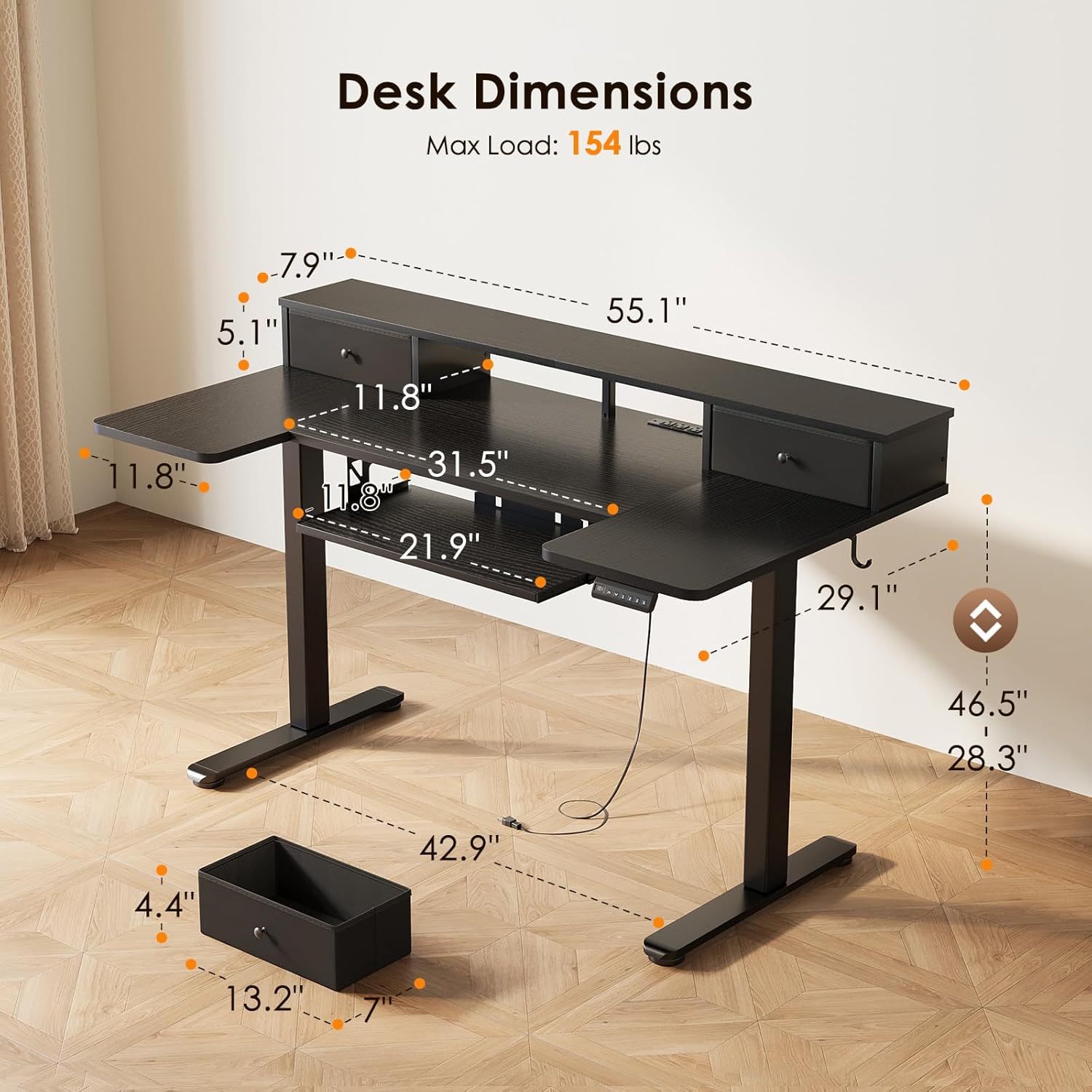 Alternative view of OffiGo U Shaped Electric Standing Desk with Drawers, 55 Inch Height Adjustable Desk with Keyboard Tray ＆ Ergonomic Monitor Stand, Sit Stand Table with Power Outlets for Home, Office, Black
