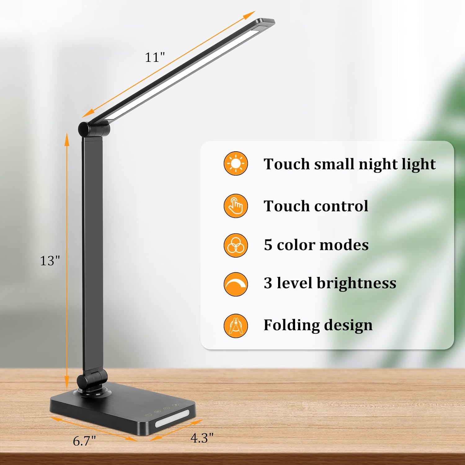 Alternative view of LED Desk Lamp with USB Ports,Touch Desk Lamps for Home Office with 5 Color Modes,3 Brightness Desk Light with Small Night Light,Reading Lamp Table Lamp for Bedroom Bedside Study Black （with adapter）