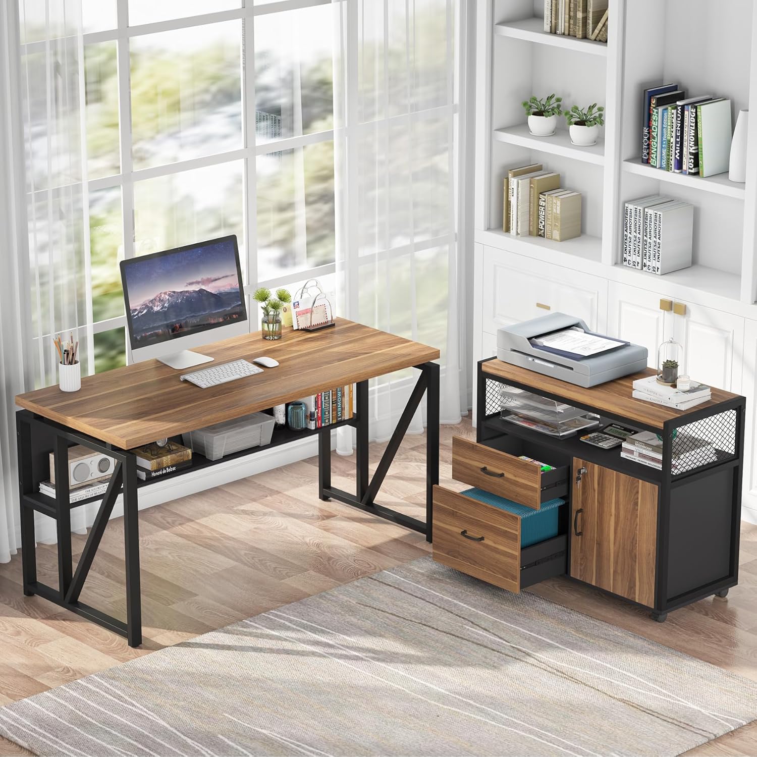 Alternative view of Tribesigns 55-inch L Shaped Desk with Drawer Cabinet, Executive Computer Desk and lateral File Cabinet, 2 Piece Home Office Furniture with Drawers for Hanging File, Doors with Locks (Brown, 55 inches)