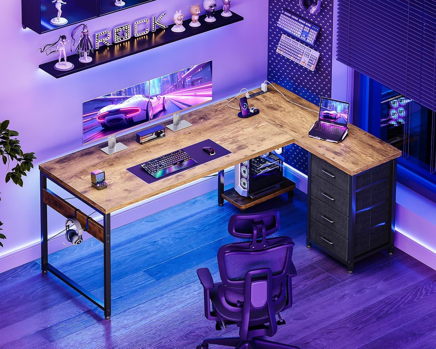 AODK L Shaped Desk with 4 Tier Drawers, 61" Reversible Gaming Desk with Power Outlets, L Shaped Computer Table with USB Charging Port and Host Stand, Home Office Table, Easy to Assemble, Vintage