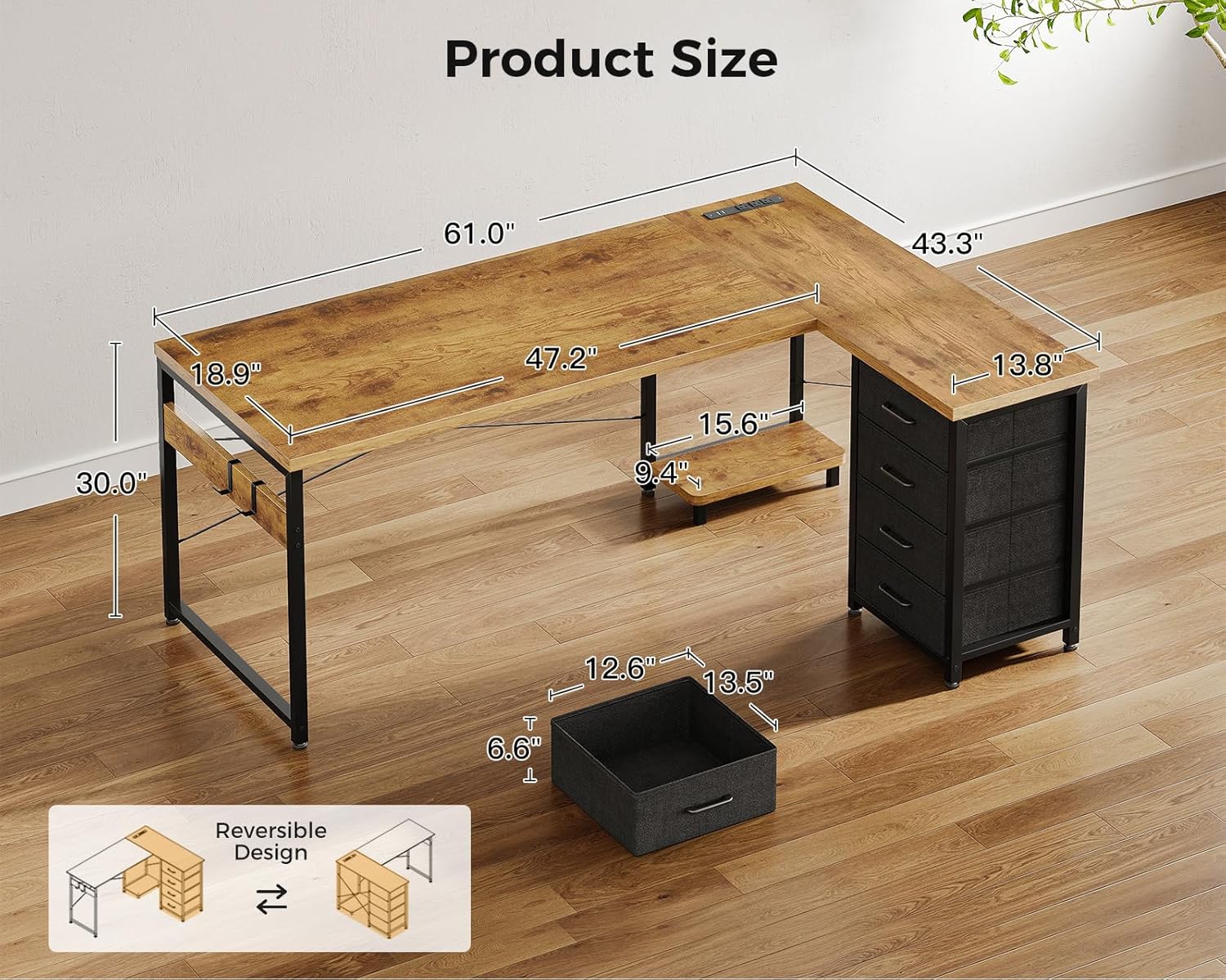 Alternative view of AODK L Shaped Desk with 4 Tier Drawers, 61" Reversible Gaming Desk with Power Outlets, L Shaped Computer Table with USB Charging Port and Host Stand, Home Office Table, Easy to Assemble, Vintage