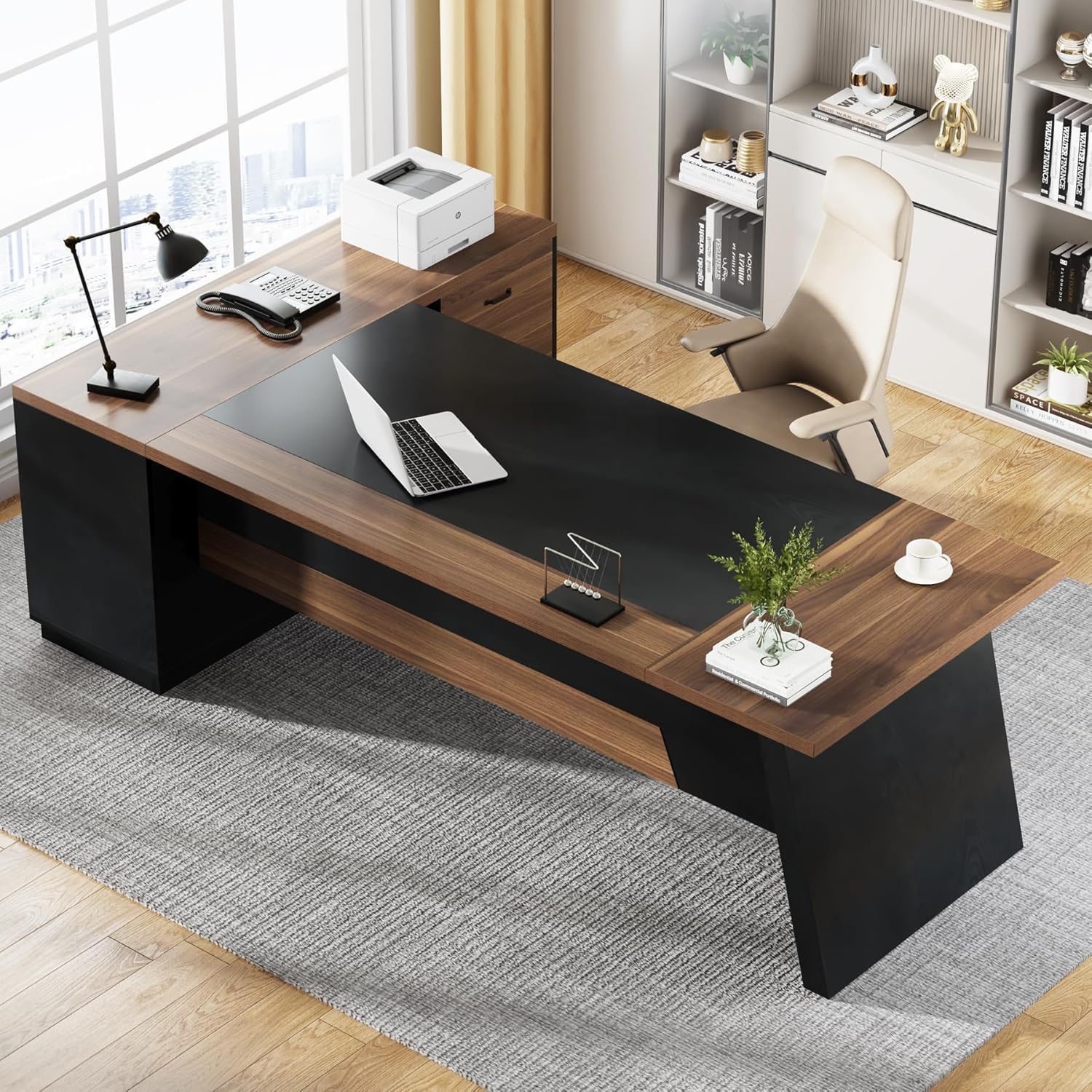 Alternative view of Tribesigns 78" L-Shaped Executive Desk, Large Modern Office Desk with Drawers and File Cabinet, Business Furniture with Storage Shelves, Big Computer Desk for Home Office (Light Walnut + Black)