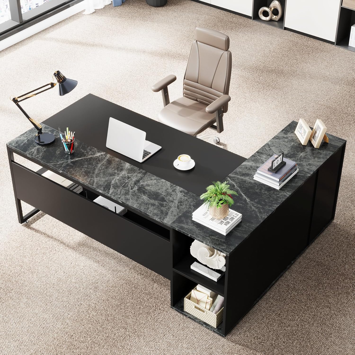 Alternative view of Tribesigns 71 inch Executive Desk, L Shaped Desk with Cabinet Storage, Executive Office Desk with Shelves, Business Furniture Set Workstation for Home Office, Black