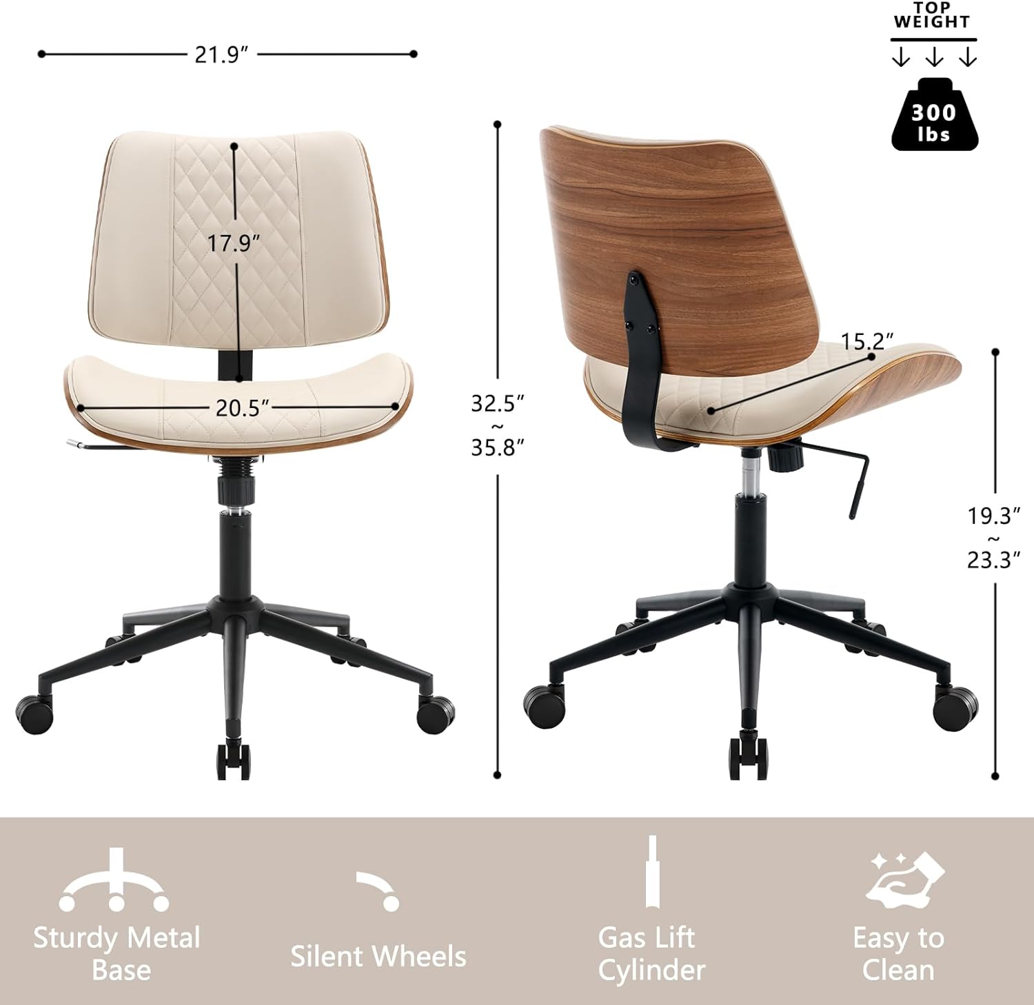 BERYTH Home Office Chair No Arms with Wheels, Adjustable Height Small Desk Chair, PU Leather Mid Back 360 Swivel Computer Chair, Armless Modern Walnut Chair for Office, Reading Meeting Room(Beige)