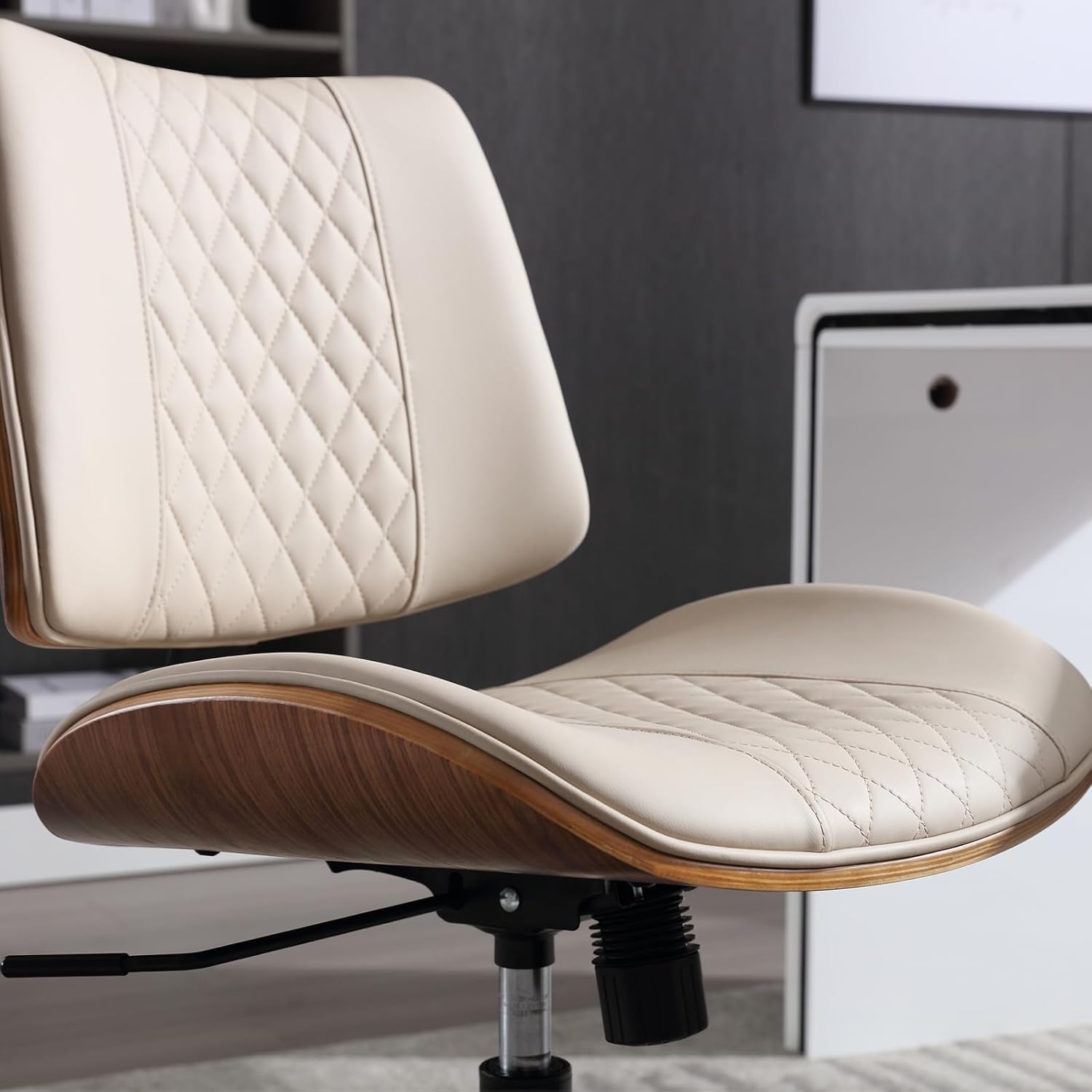 Alternative view of BERYTH Home Office Chair No Arms with Wheels, Adjustable Height Small Desk Chair, PU Leather Mid Back 360 Swivel Computer Chair, Armless Modern Walnut Chair for Office, Reading Meeting Room(Beige)