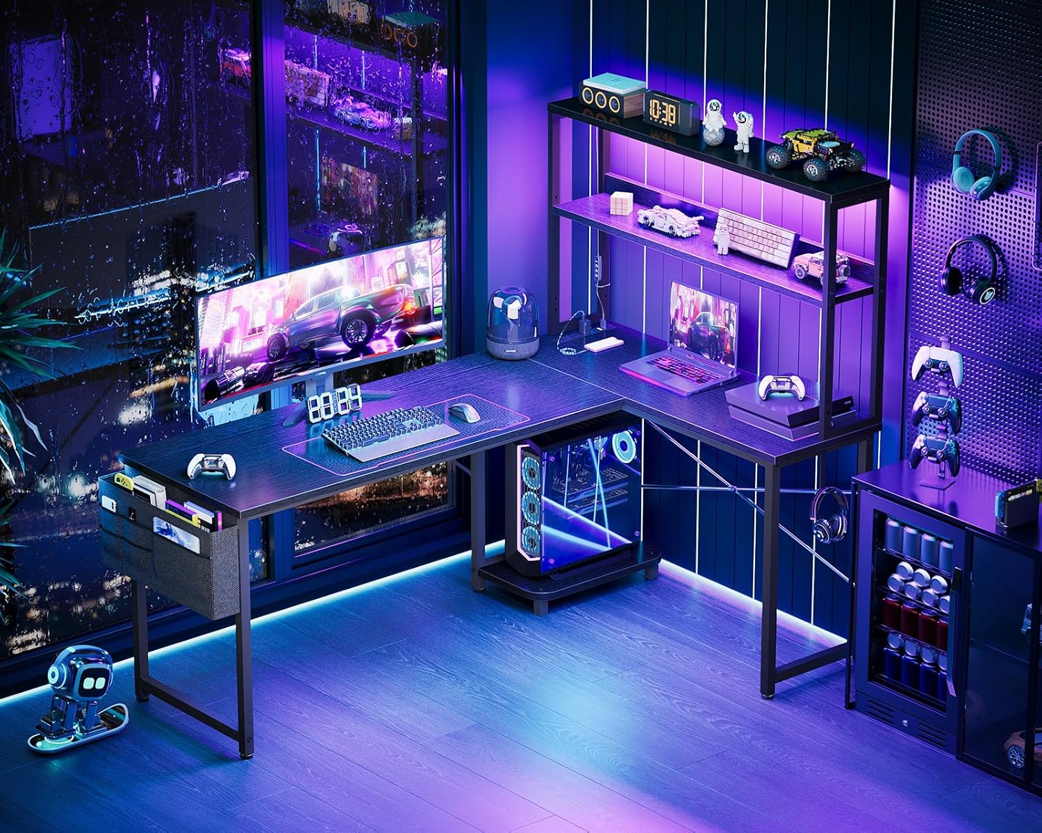 AODK L Shaped Desk Gaming Desk with LED Light & Power Outlet, 61 Inch Reversible L Shaped Computer Table with Shelf & Storage Bag & Hook for Home Office, Black