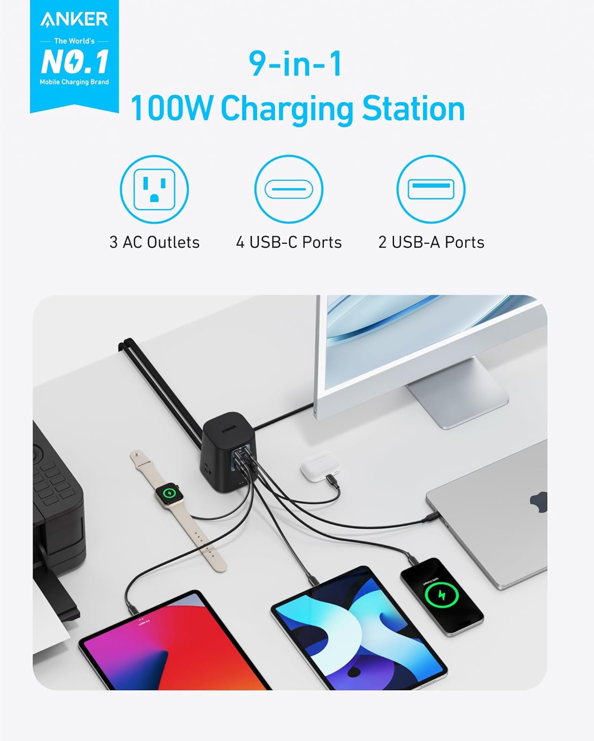 Anker Charging Station (100W), 9-in-1 USB-C Power Strip with 300J Surge Protection, for iPhone 16 and MacBook, 5 ft Flat Cable and Plug, 4 USB-C and 2 USB-A Ports, 3 AC Outlets, for Home, Office