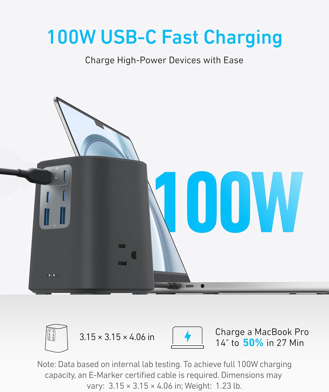 Alternative view of Anker Charging Station (100W), 9-in-1 USB-C Power Strip with 300J Surge Protection, for iPhone 16 and MacBook, 5 ft Flat Cable and Plug, 4 USB-C and 2 USB-A Ports, 3 AC Outlets, for Home, Office