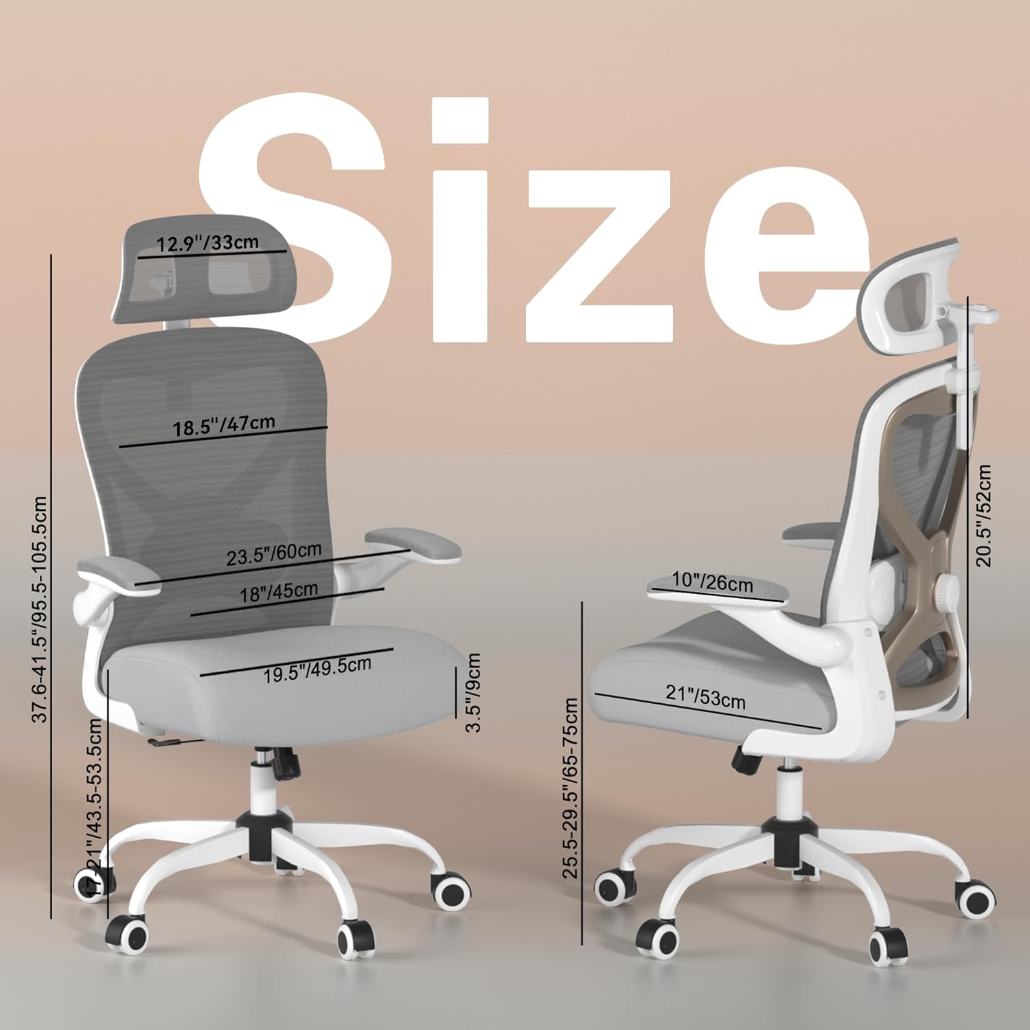 Home Office Desk Chairs, Ergonomic Office Chair with Lumbar Support & 3D Headrest, Computer Desk Chair with Flip-up Armrests, Perfect for Office or Study, Gray/Gold