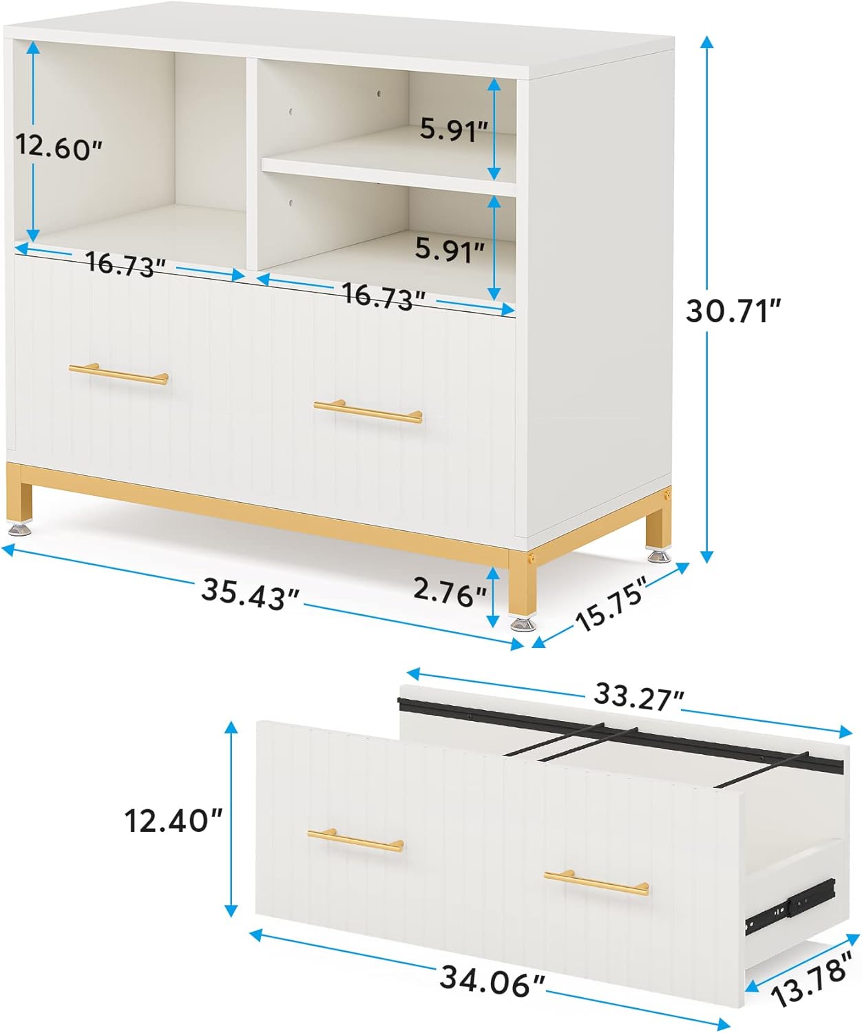 Tribesigns Lateral File Cabinet with Drawer, White Filing Cabinet for Letter/Legal/A4 Size Files, 35.4" Modern Wood File Storage Cabinets Printer Stand with Storage for Home, Office, White Gold