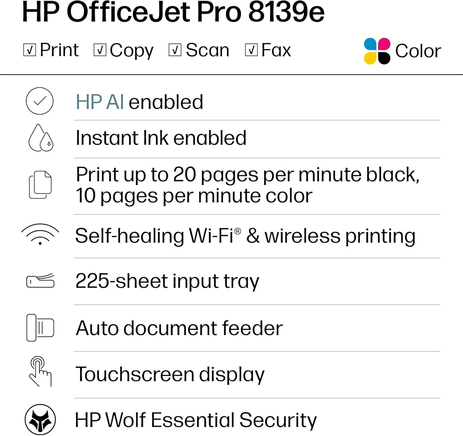 HP OfficeJet Pro 8139e Wireless All-in-One Color Inkjet Printer, Print, scan, copy, fax, ADF, Duplex printing Best-for-home office, 1 year Instant Ink trial included, AI-enabled (40Q51A)