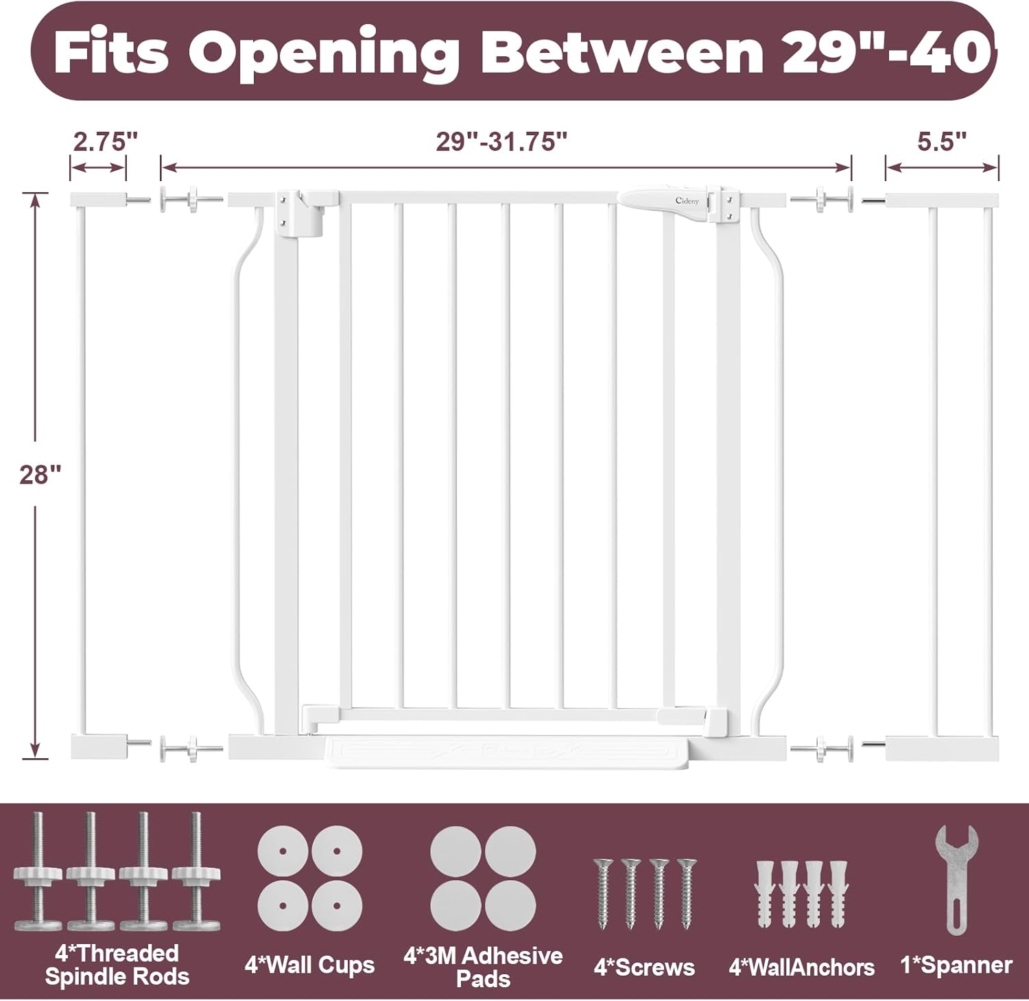 Cideny Baby Gate No Drilling, 29"-40" Auto Close Dog Gate Indoor for Doorways & Stairs, Pressure Mounted Adjustable Pet Gate, Easy Walk Through Child Gate for Children & Pets Stroller Friendly, White
