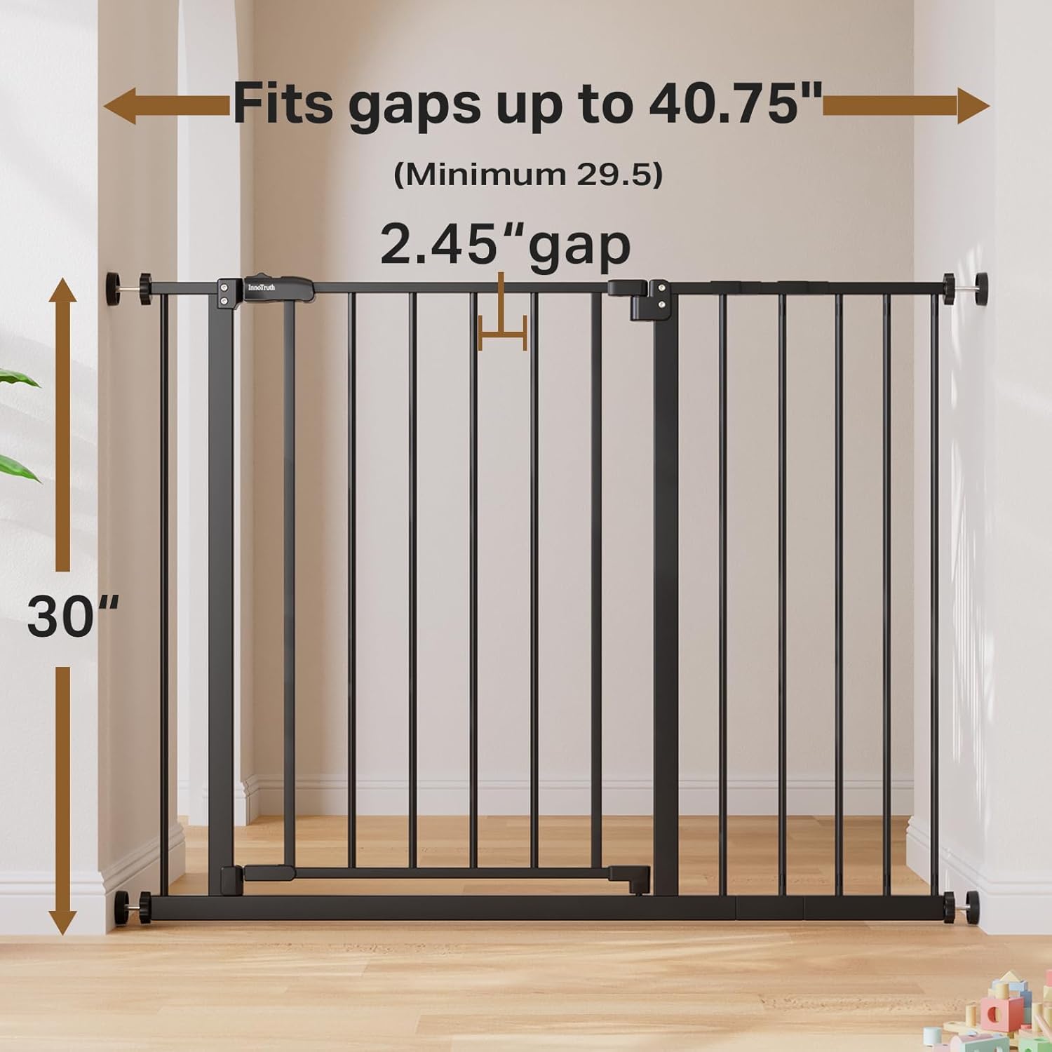InnoTruth 29.5u201340.75" Baby Gate for Stairs, 30" Tall Dog Gates for Doorways & Hallways, Safety Gate for Kids & Pets, Pressure-Mounted Walk-Through with Dual Lock & 2-Way Swing, Black