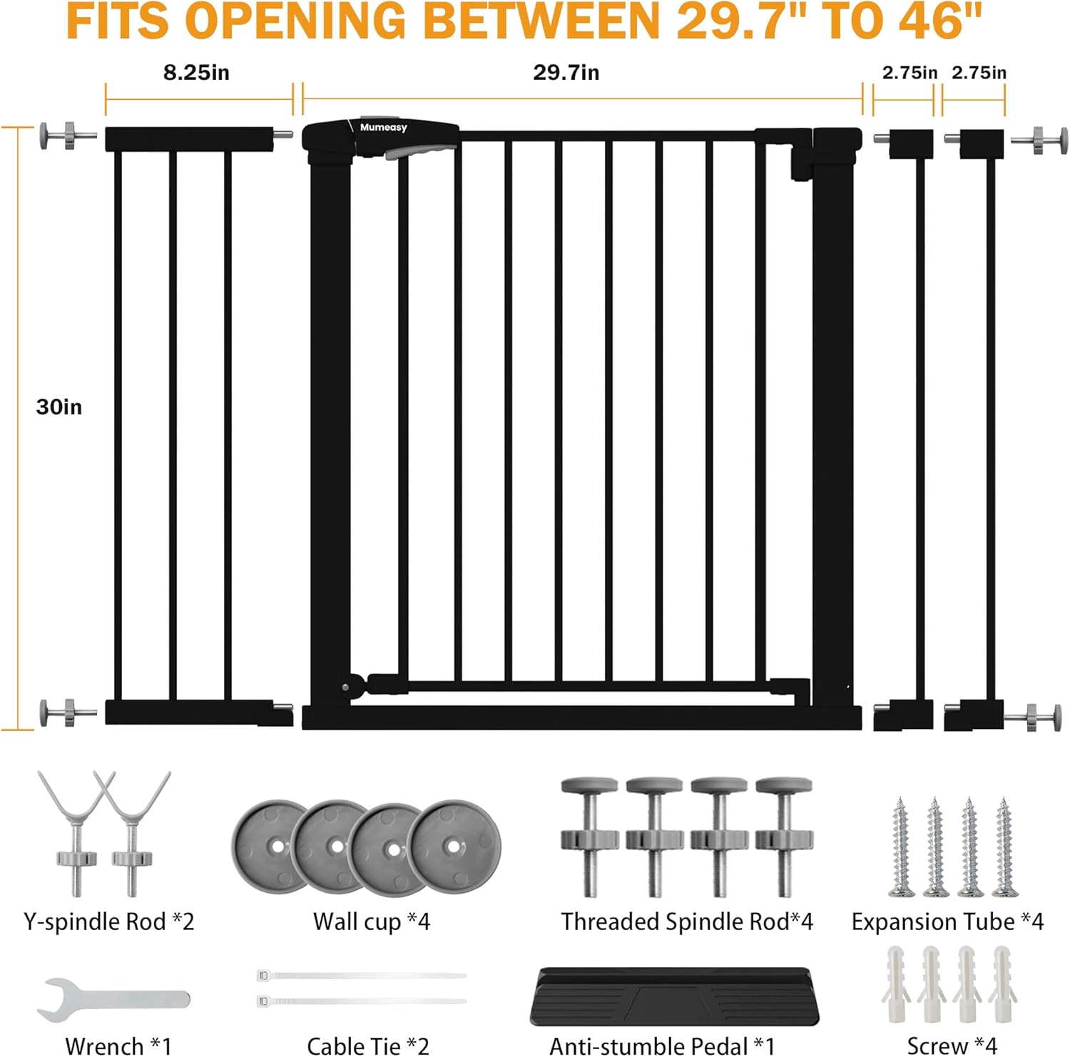 Mumeasy 29.6-46" Baby Gate for Stairs, Pressure Mounted Dog Gate for Doorways, Auto Close Pet Gate for Indoor Use, Extra Wide Child Gate with Walk Thru Door Black, Mom's Choice Awards Winner