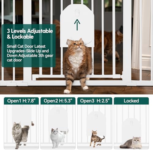 Babelio Auto Close Baby Gate with Cat Door,29-43" Metal Gate for Doorway,Stairs, House,Easy Walk Thru with Pet Door,Includes 4 Wall Cups and 3 Extension Pieces,White