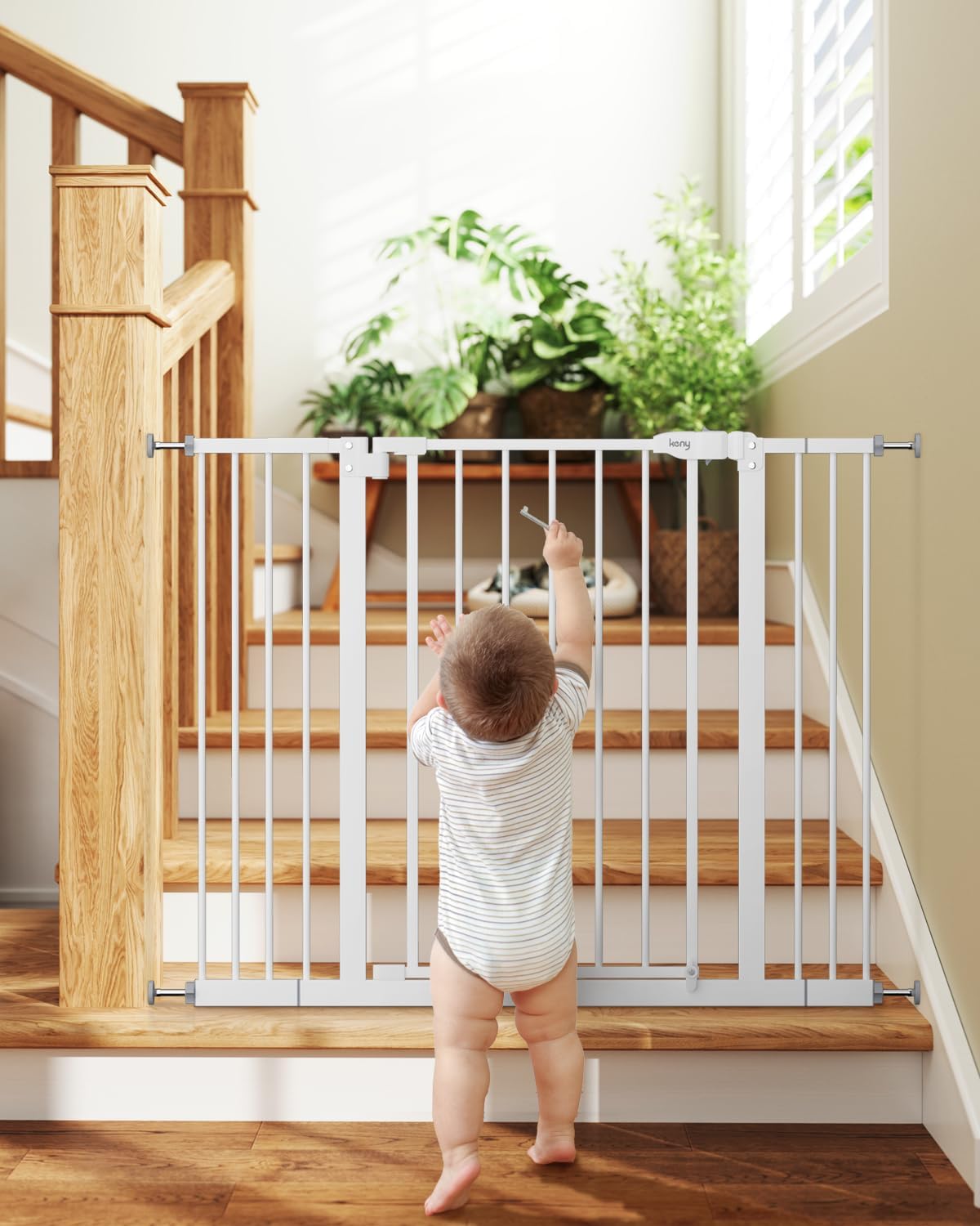 Alternative view of keny 29"-42.5" Baby Gate for Stairs, Auto Close Safety Dog Gate, Pressure Mounted Easy Walk Through Pet Gate for Doorways, Durable Stair Gate, 30" Tall, White