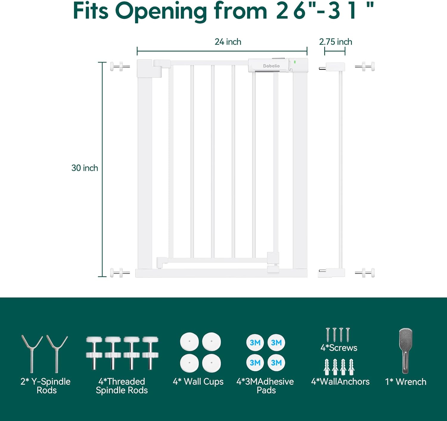 BABELIO Baby Gate for Doorways and Stairs, 26-31" Pet Gate with Wide Walk Thru Door and Lock Indicator, No Drill Pressure Mounted Safety Gate with Double Lock and Self-Closing, White