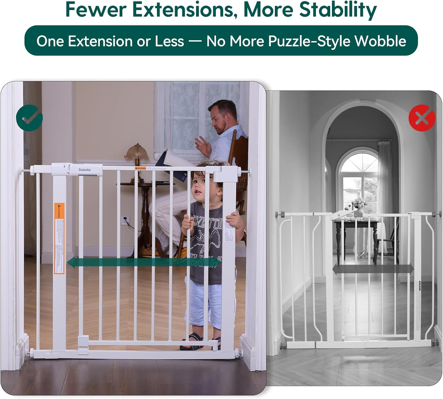 Alternative view of BABELIO Baby Gate for Doorways and Stairs, 26-31" Pet Gate with Wide Walk Thru Door and Lock Indicator, No Drill Pressure Mounted Safety Gate with Double Lock and Self-Closing, White