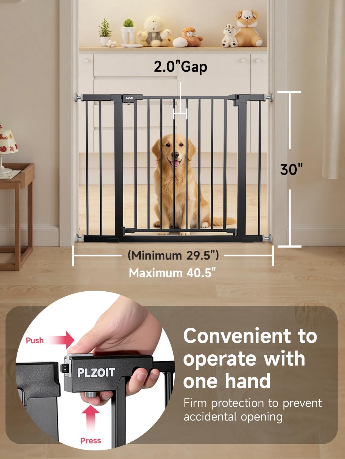 29.5-40.5" Baby Gate for Stairs, Dog Gate for Doorways, Walk Thru Auto Close Metal Baby Safety Gate for The House, Stairs and Doorways, Child Gate Pressure Mounted, Pet Gate for Dog Indoor - Black