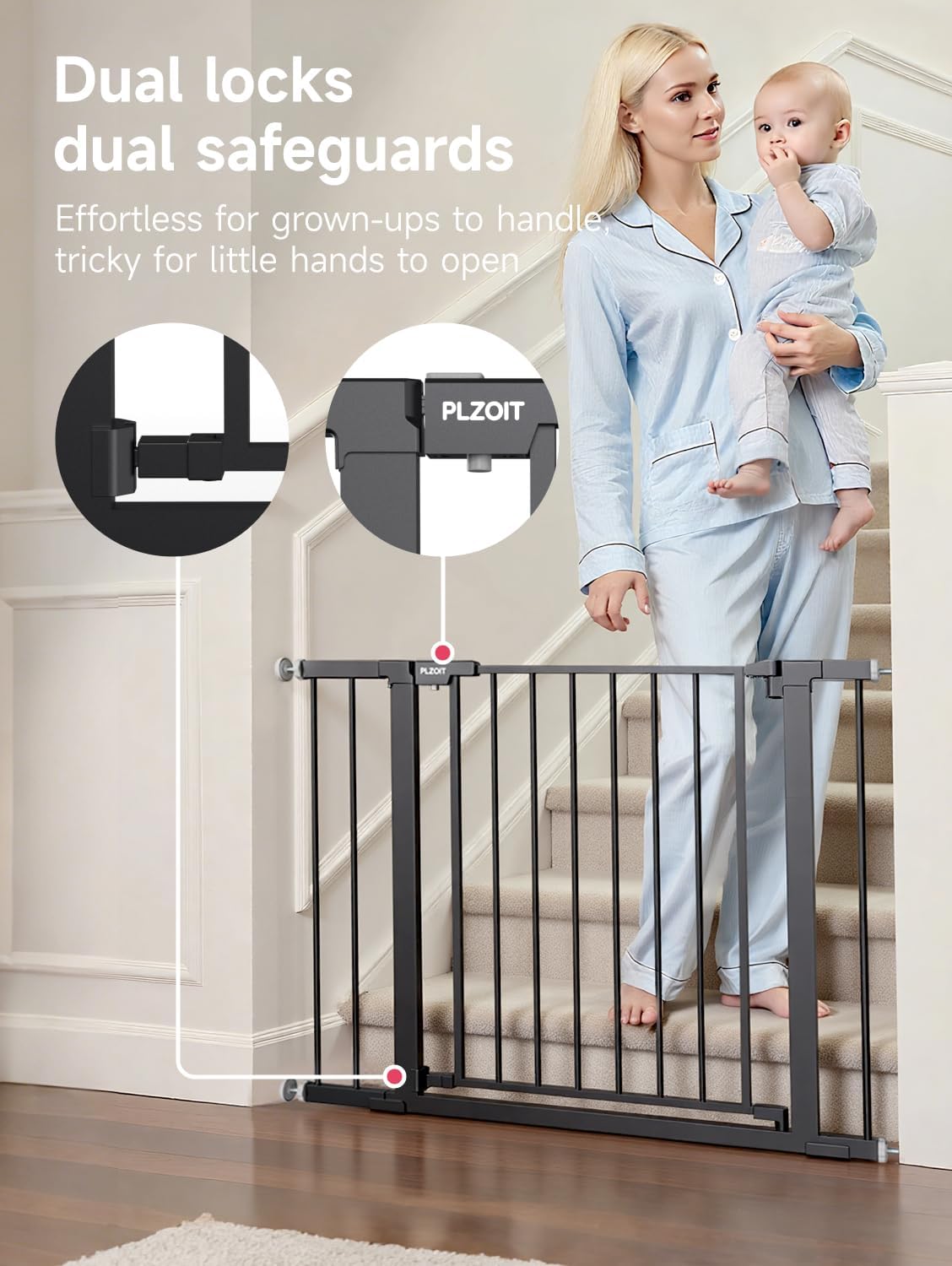 Alternative view of 29.5-40.5" Baby Gate for Stairs, Dog Gate for Doorways, Walk Thru Auto Close Metal Baby Safety Gate for The House, Stairs and Doorways, Child Gate Pressure Mounted, Pet Gate for Dog Indoor - Black