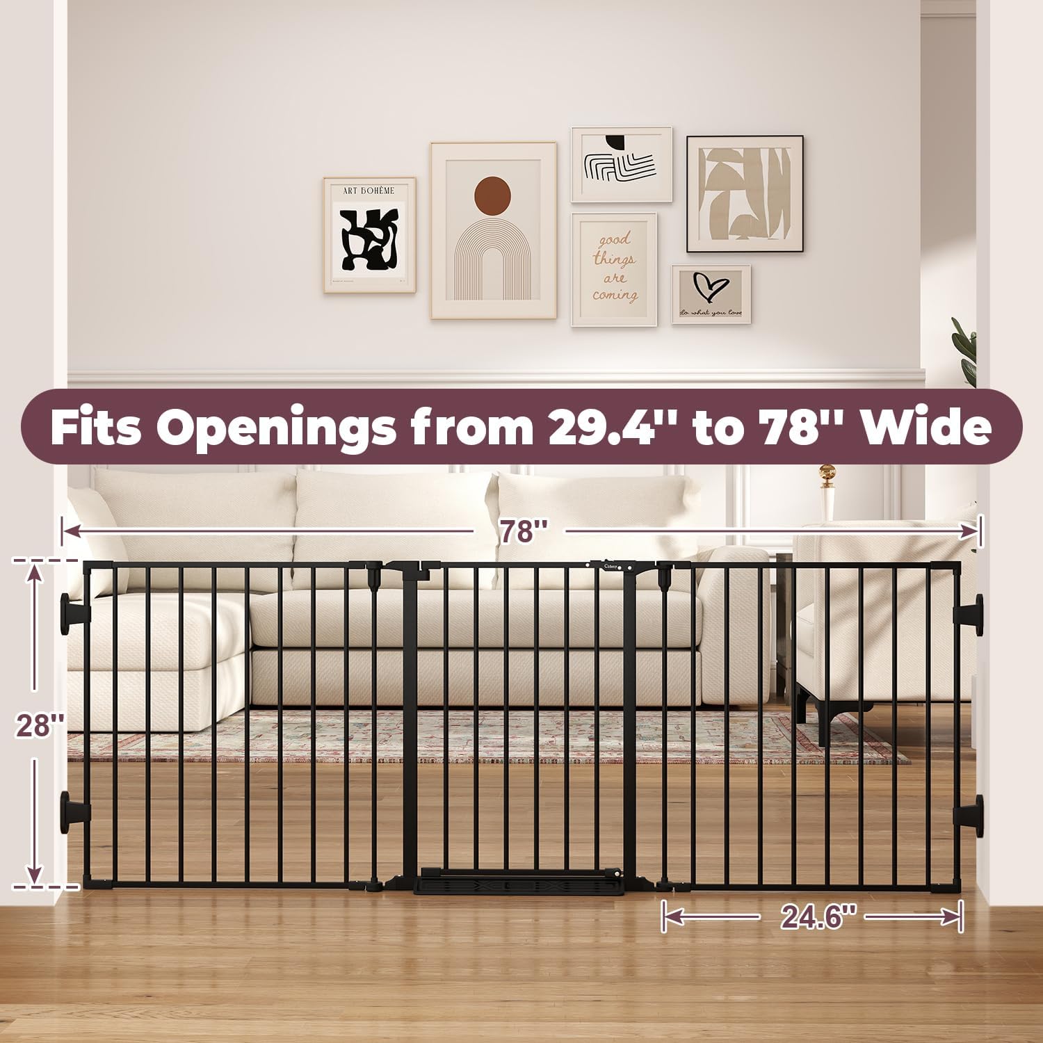 Cideny 78" Extra Wide Baby Gate, Dog Gates Indoor for Doorways Stairs, Essential Safety Gate for Child, Hardware Mounted Adjustable Pet Gate with Anti-Trip Pedal, 28'' Tall 3 Metal Panels Black
