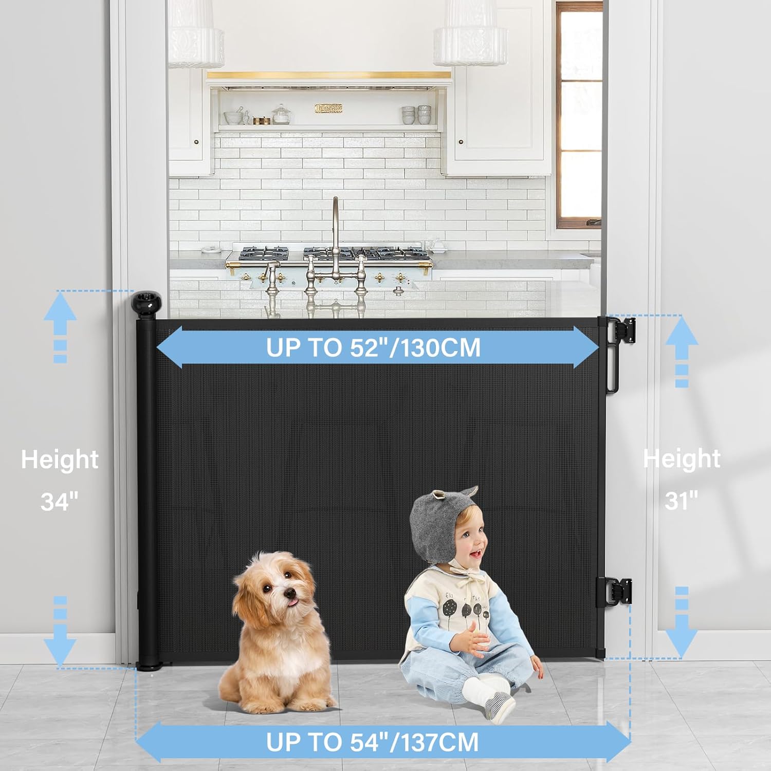 probebi Retractable Baby, Child & Dog Gates for Stairs, Extends to 54" Wide 34" Tall, Use for Outdoor, Indoor, Hallways, Doorways, Deck, Porch, Black