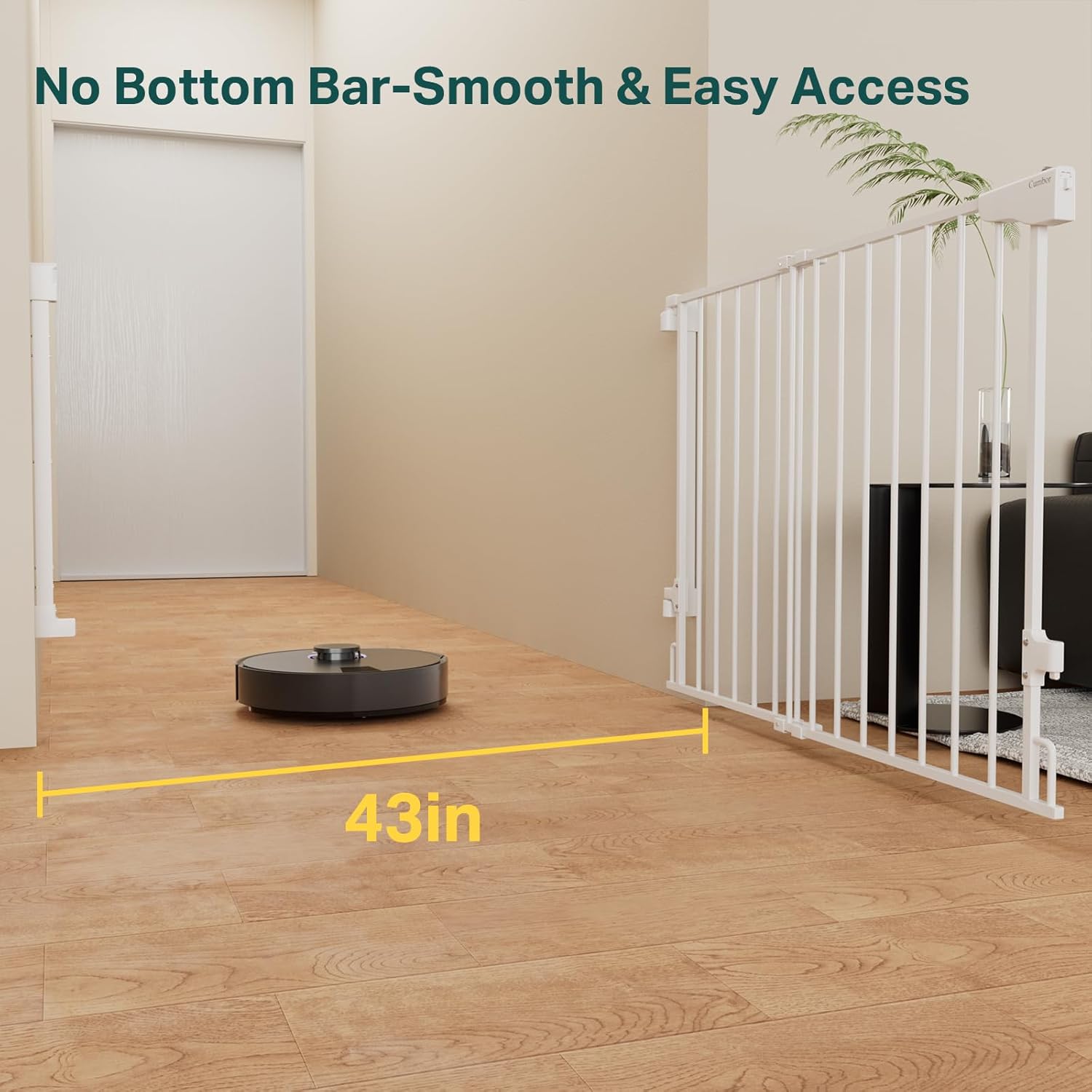 Cumbor 29.2u201343" Baby Gate for Stairs, Wall-Mounted (Drill Required), Expandable No Bottom Bar Dog Gate, Auto Close Extra Wide Walk Thru, Pet & Toddler Proof Gate, Top & Bottom of Stairways (White)