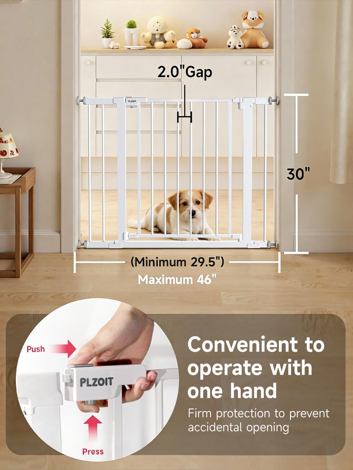 29.5-40.5" Baby Gate for Stairs, Dog Gate for Doorways, Walk Thru Auto Close Metal Baby Safety Gate for The House, Stairs and Doorways, Child Gate Pressure Mounted, Pet Gate for Dog Indoor - White