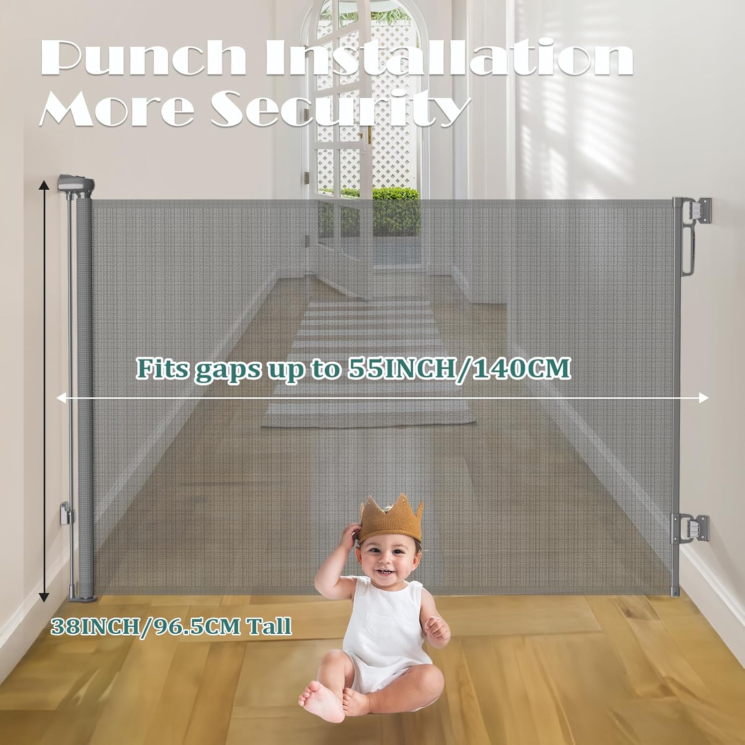 Babepai Retractable Baby Gates Extra Wide | 55" Wide x 38" Tall Dog Gates for Stairs | Indoor/Outdoor Use | Child Gates for Doorways, Deck, Porch, Hallways, Patio - Gray