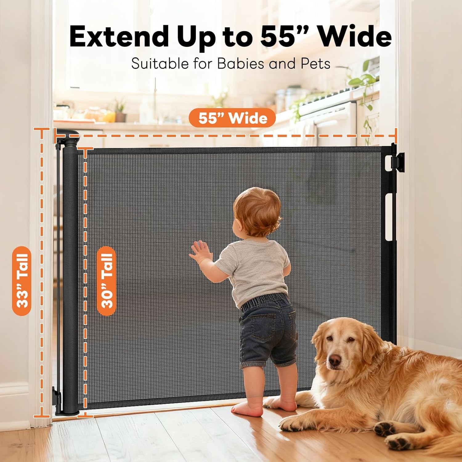 Retractable Baby Gates for Doorways, Mesh Dog Gate for Stairs, Pet Gate Indoor, Extends to 55" Wide 33" Tall, Safety Toddlers Gates for Hallways, Indoor & Outdoor Use, Black