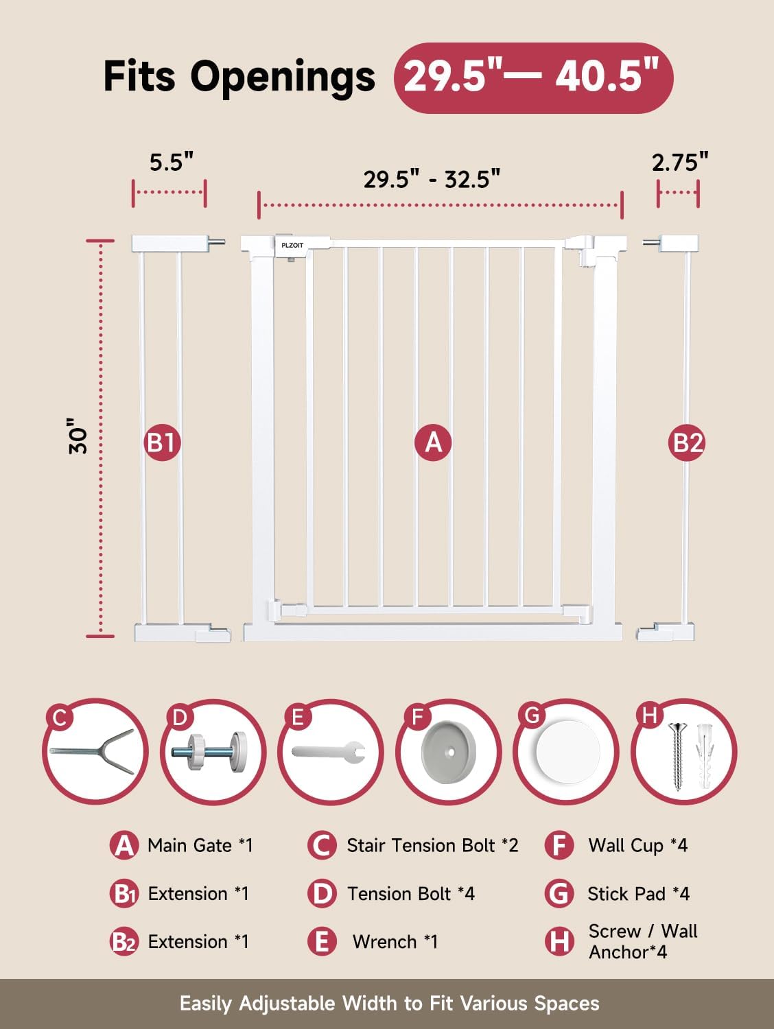 29.5-40.5" Baby Gate for Stairs, Dog Gate for Doorways, Walk Thru Auto Close Metal Baby Safety Gate for The House, Stairs and Doorways, Child Gate Pressure Mounted, Pet Gate for Dog Indoor - White - Image 6