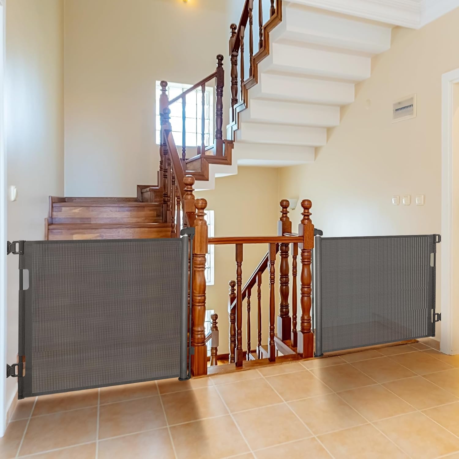 2-Pack Retractable Baby Gate for Stairs-33u201DHeight, Expands up to 55u201DWidth-Safety Gate for Infants, Toddlers, Dogs & Pets-Easy Install, Secure Closure, Gray Mesh Design for Indoor & Outdoor Use