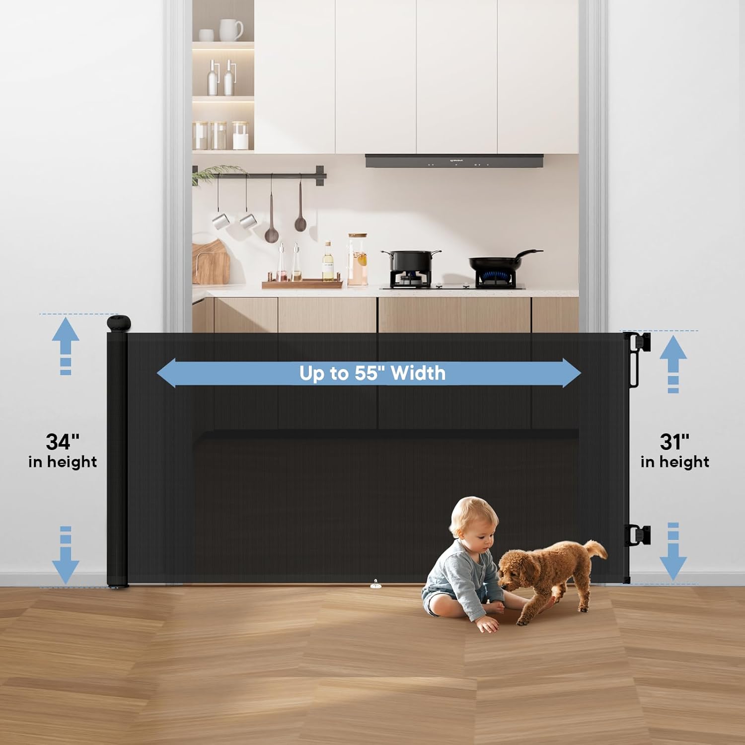 BBsecure Retractable Baby Gate - 55" Wide Mesh Pet Gate with Anti-Crawling Hook, Safety Lock, One-Hand Operation, 34" Tall Baby Gate for Stairs, Doorways, Hallways, Garage, Indoor Outdoor, Black