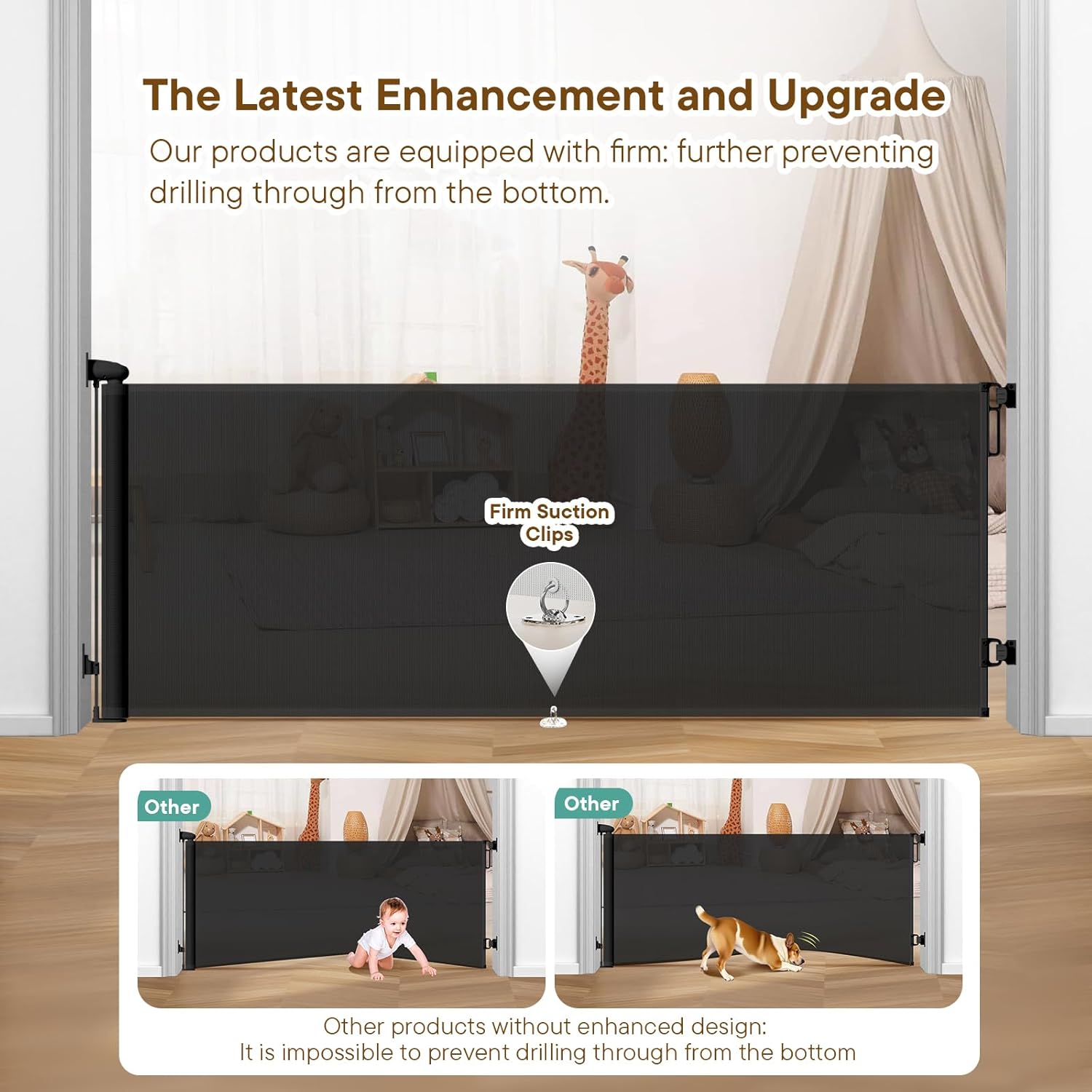 Alternative view of BBsecure Retractable Baby Gate - 55" Wide Mesh Pet Gate with Anti-Crawling Hook, Safety Lock, One-Hand Operation, 34" Tall Baby Gate for Stairs, Doorways, Hallways, Garage, Indoor Outdoor, Black