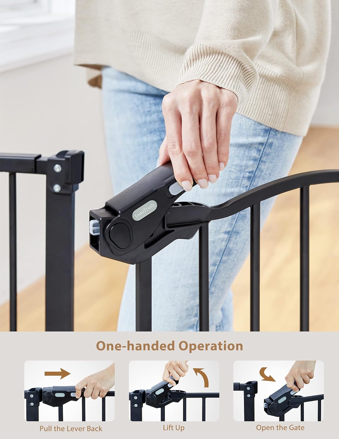 Alternative view of InnoTruth 29-39.6u201D Baby Gate for Stairs & Doorways, 30" Tall Pressure Mount Pet Gates, Easy Step Auto Close Both Sides Walk Thru Child Gate, Dual-Lock Safety Design and One-Hand Operation, Black