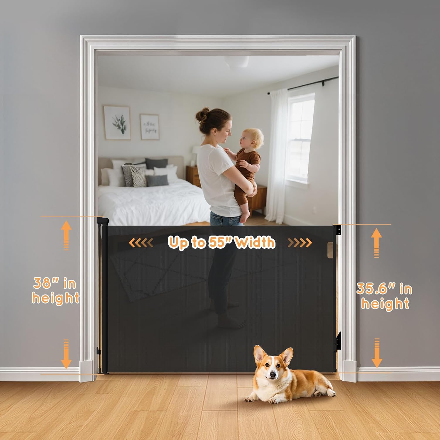 Alternative view of TrusTot Retractable Baby Gate for Stairs, 55" Wide Mesh Pet Gate, Automatic Tension, One-Hand Operation, 38" Tall Baby Gates for Doorways, Hallways, Deck, Indoor Outdoor, Safe, Easy to Fit, Black