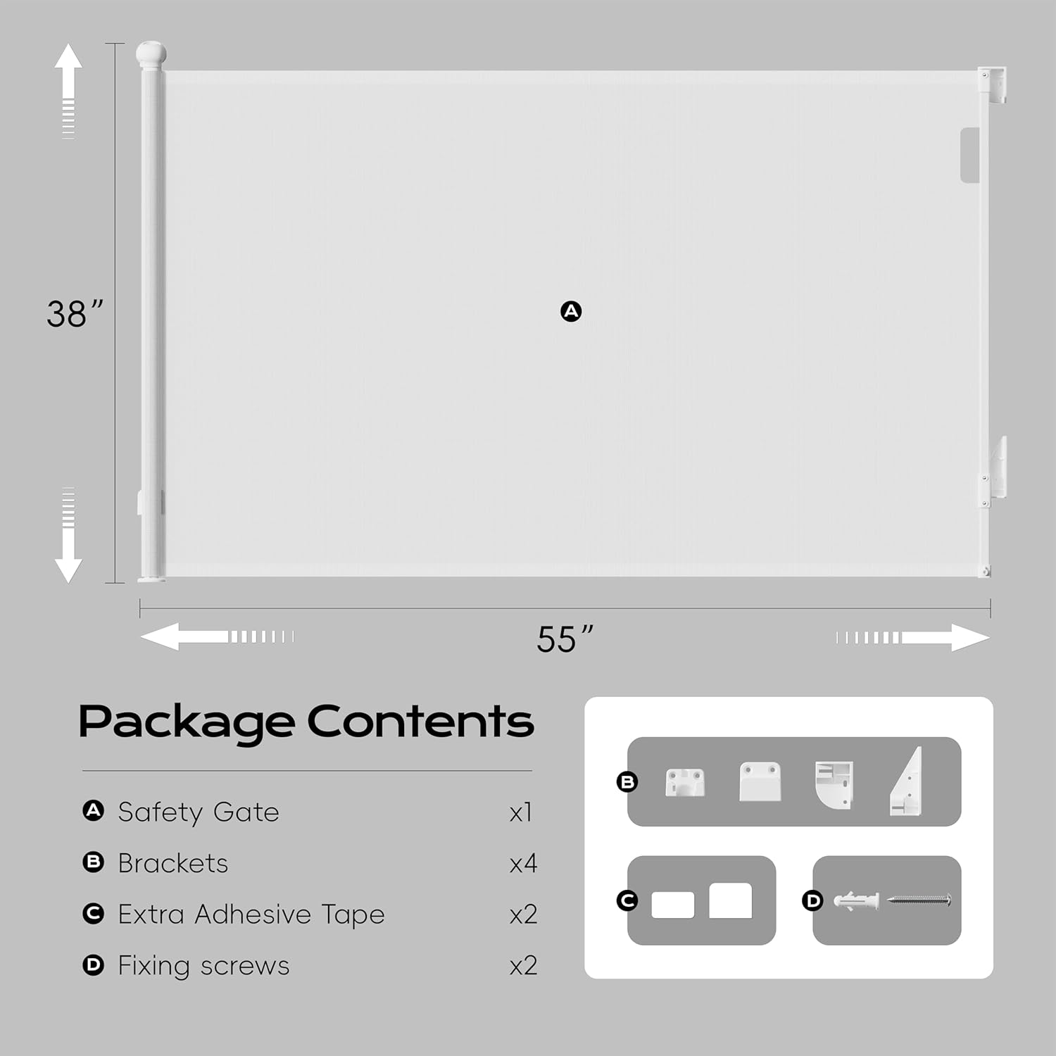 BBsecure Retractable Baby Gate for Stairs, 55" Wide 38" High Pet Gate with Auto-Retract System, One-Hand Operation, Mesh Baby Gate for Doorways, Hallways, Decks, Indoor & Outdoor, White
