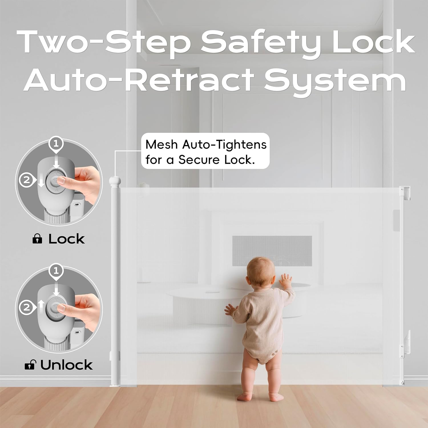Alternative view of BBsecure Retractable Baby Gate for Stairs, 55" Wide 38" High Pet Gate with Auto-Retract System, One-Hand Operation, Mesh Baby Gate for Doorways, Hallways, Decks, Indoor & Outdoor, White