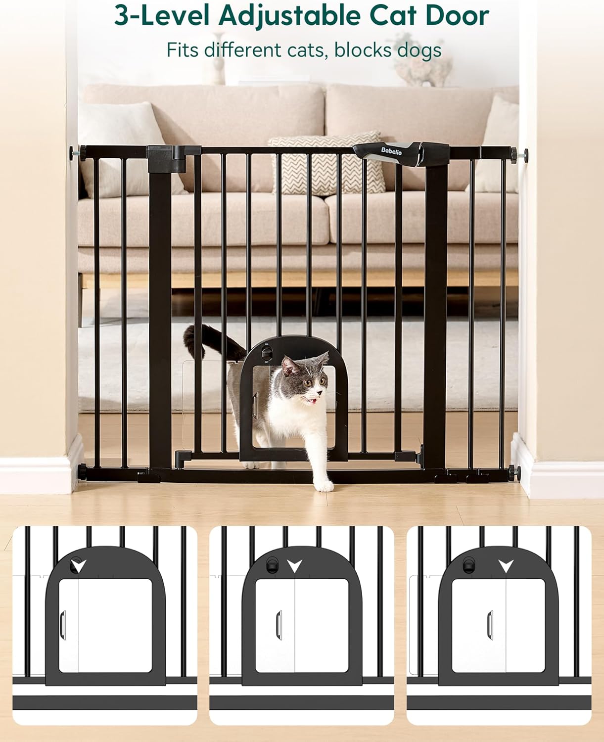 Babelio Upgraded Baby Gate with Cat Door, 29-43" Auto Close Durable Dog Gate for Stairs, Doorways and House, Easy Walk Thru Safety Gate with Pet Door Includes 4 Wall Cups, Black