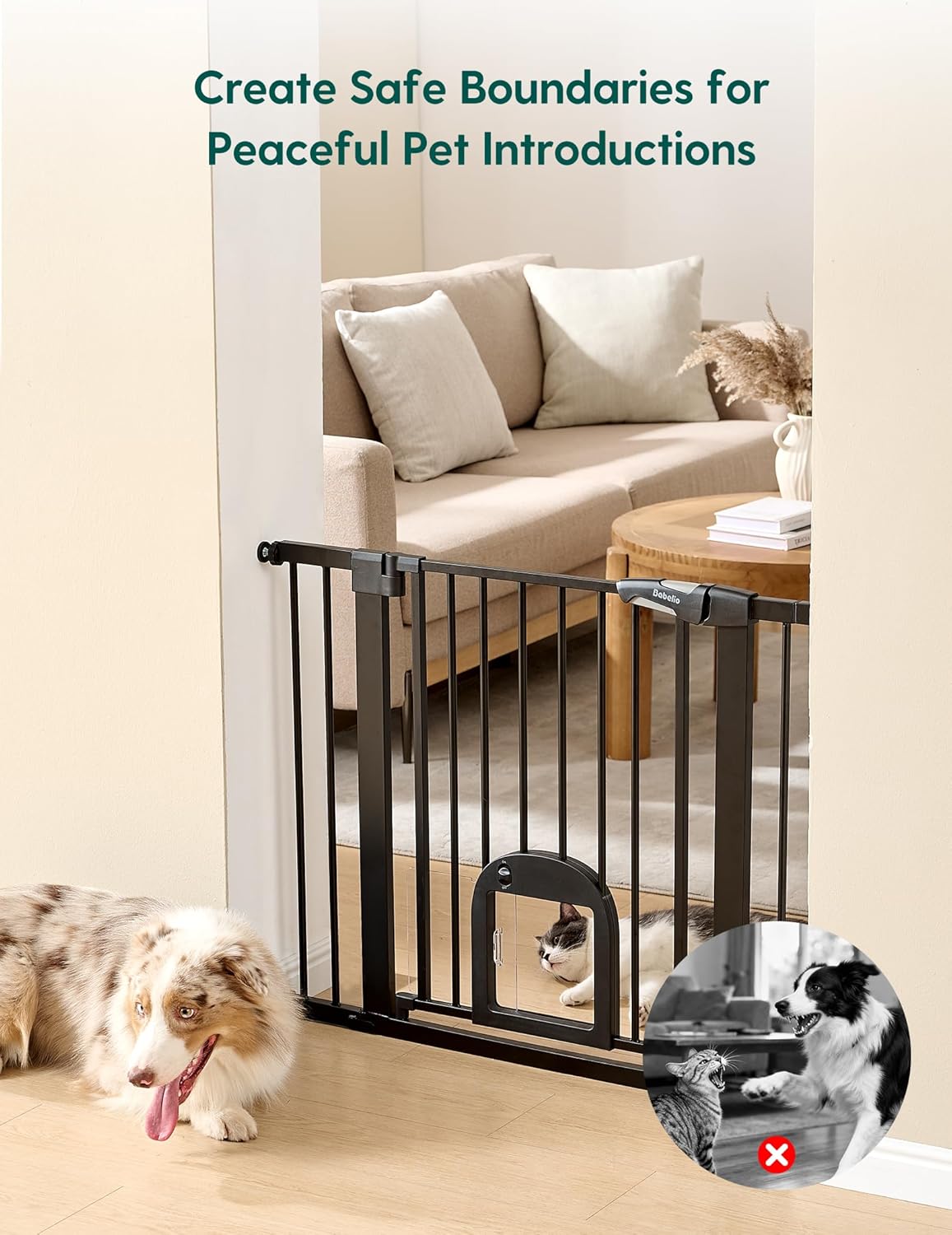 Alternative view of Babelio Upgraded Baby Gate with Cat Door, 29-43" Auto Close Durable Dog Gate for Stairs, Doorways and House, Easy Walk Thru Safety Gate with Pet Door Includes 4 Wall Cups, Black