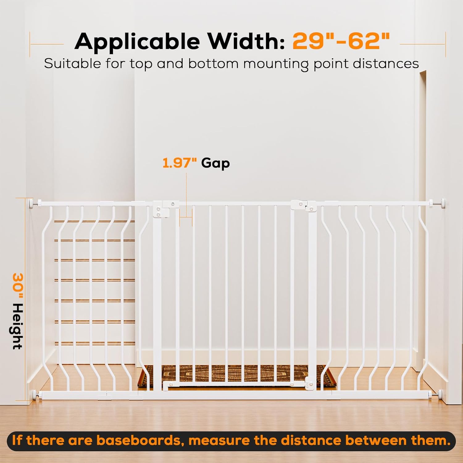 MUTAK 29-62" Baby Gate for Stairs, Baby Safety Essentials, Auto Close Gate for Doorways, Easy Install Pressure Mounted Dog Gate Indoor, Pet Gates for Dogs, White